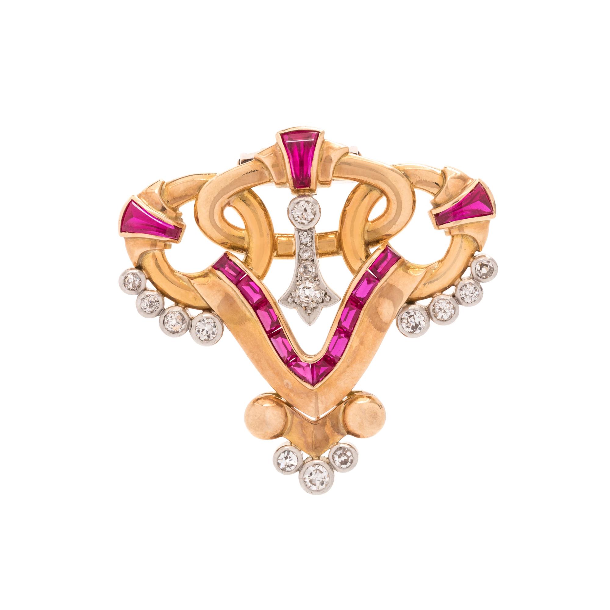 YELLOW GOLD, DIAMOND AND SYNTHETIC RUBY BROOCH