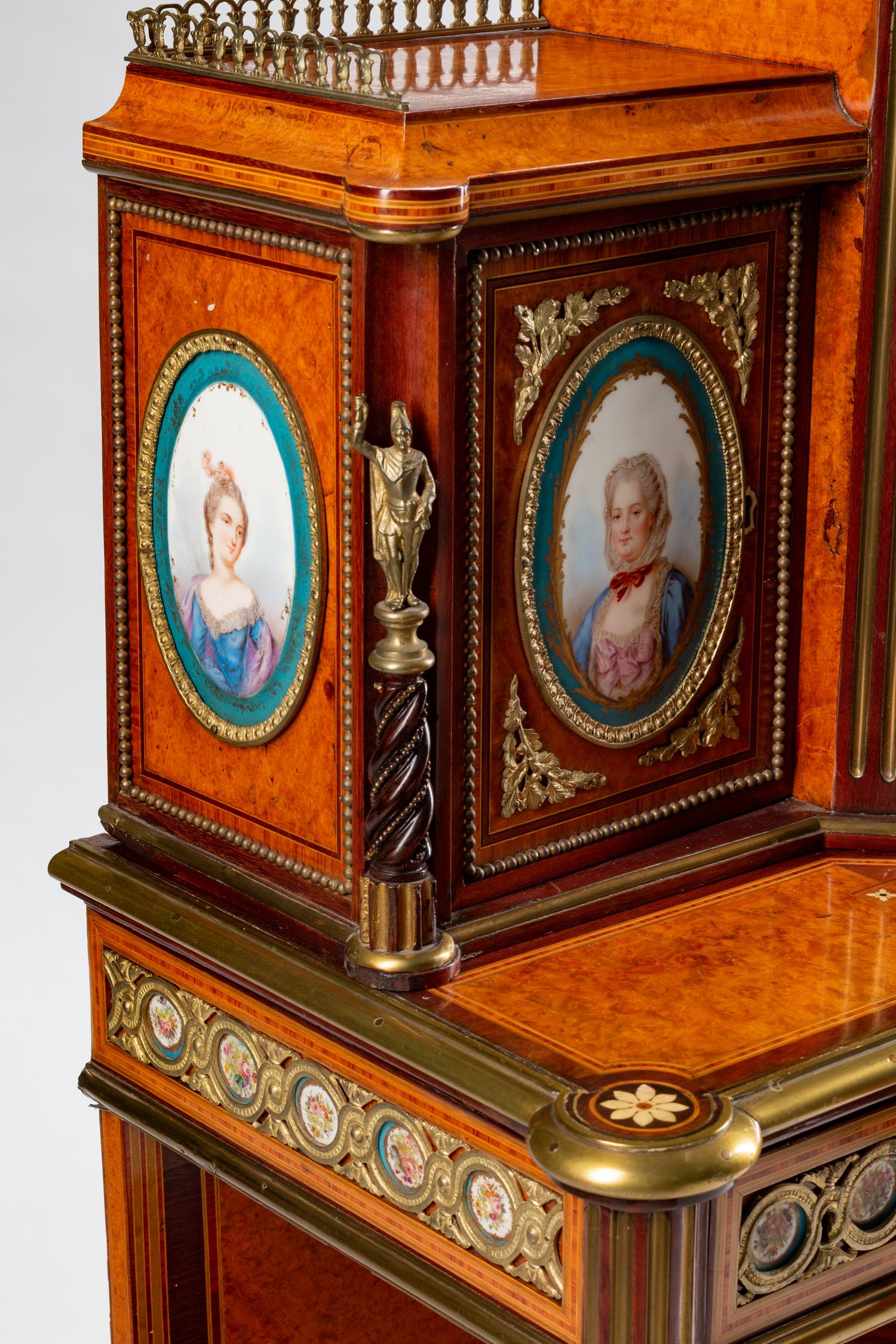 A Louis XVI Style Gilt-Bronze and Porcelain-Mounted Amboyna Bonheur du Jour — 19TH CENTURY