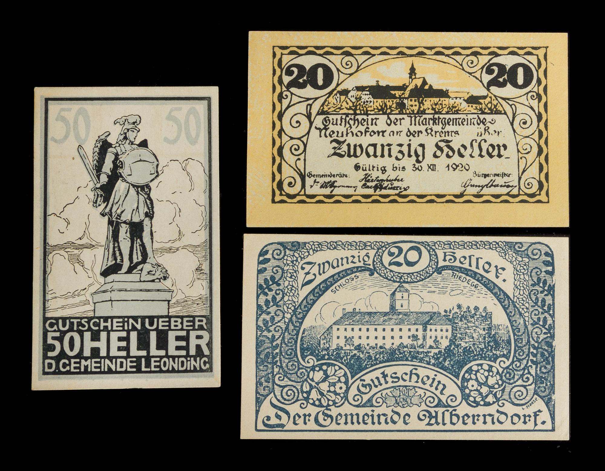 A Group of Three Austrian Notgeld Notes — Circa 1920