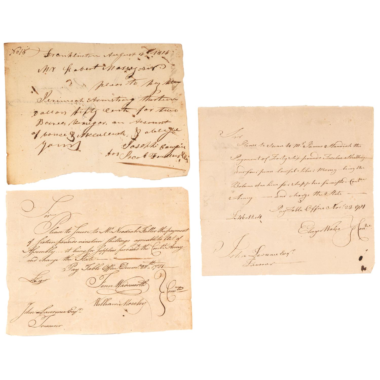 [AMERICA AT WAR]. A group of 44 items, highlighted by Revolutionary War documents. 18th-20th century.