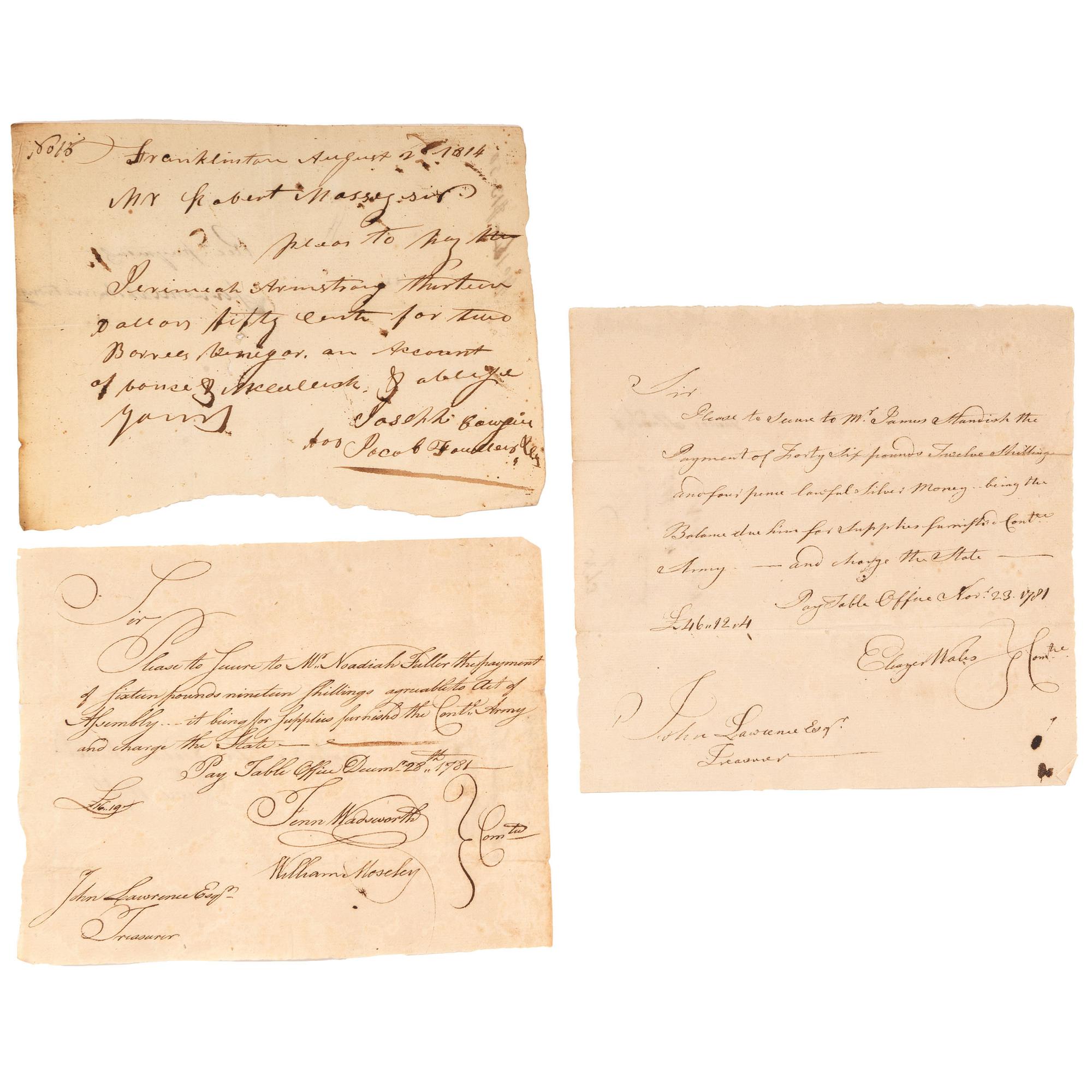 [AMERICA AT WAR]. A group of 44 items, highlighted by Revolutionary War documents. 18th-20th century.