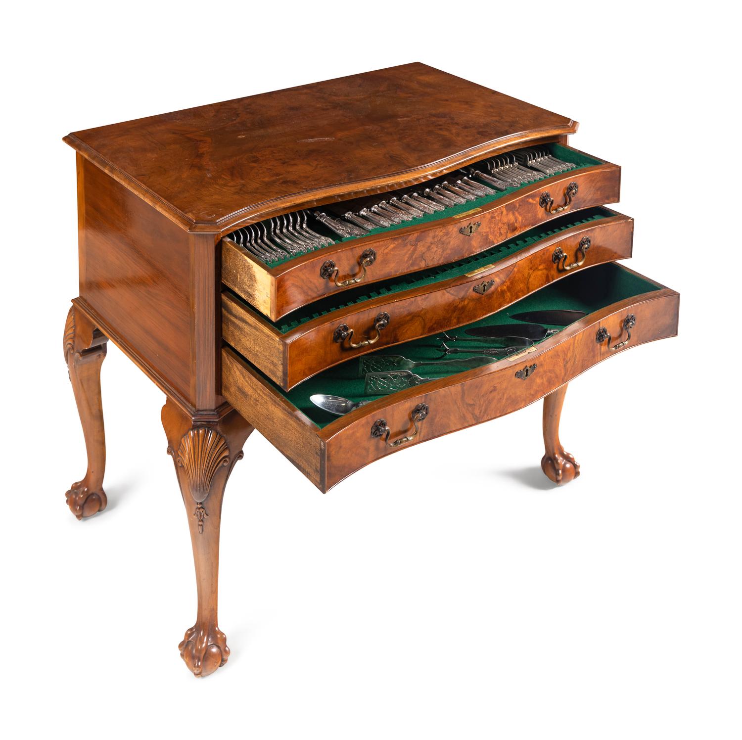 A Cooper Brothers Silver Flatware Service in a Fitted Burl Walnut Chest