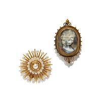 COLLECTION OF TWO YELLOW GOLD AND MULTIGEM PENDANT BROOCHES