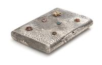 A Russian Silver Samodorok Cigarette Case, Maker's Mark A.D.A.M.B, Moscow, Early 20th Century, the lid with applied paste jewels and a