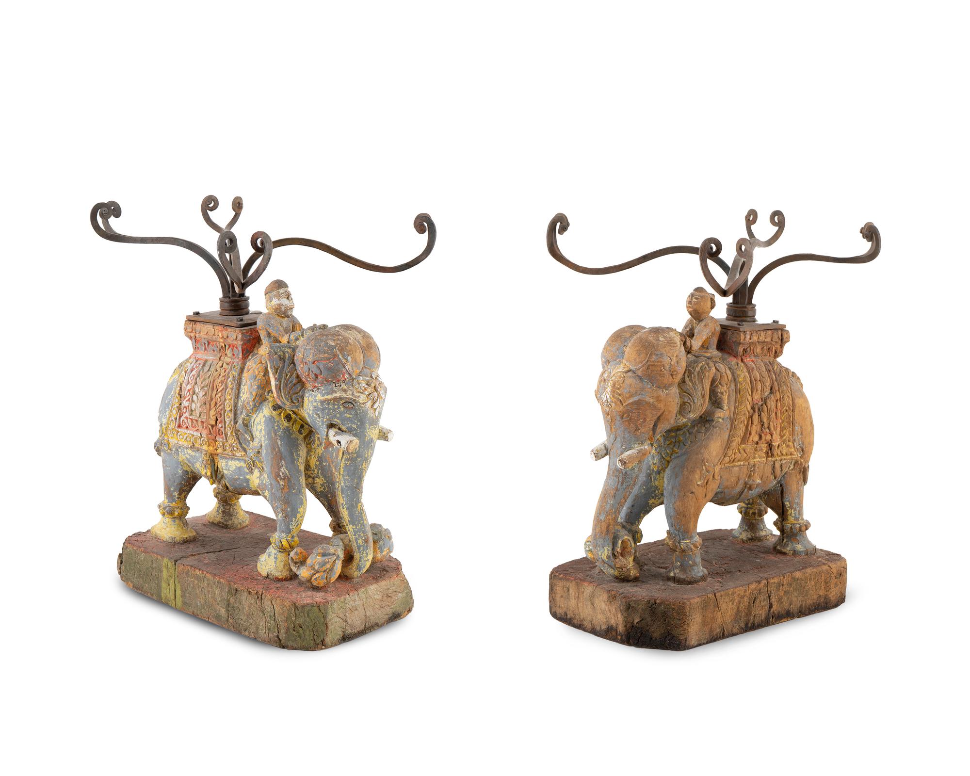 A Pair of Thai Carved Wood Elephant-form Glass Top Side Tables — 20TH CENTURY