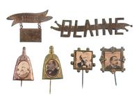 [POLITICS]. A group of 6 pinbacks and badges promoting Benjamin Harrison, Grover Cleveland, and James G. Blaine, comprising: