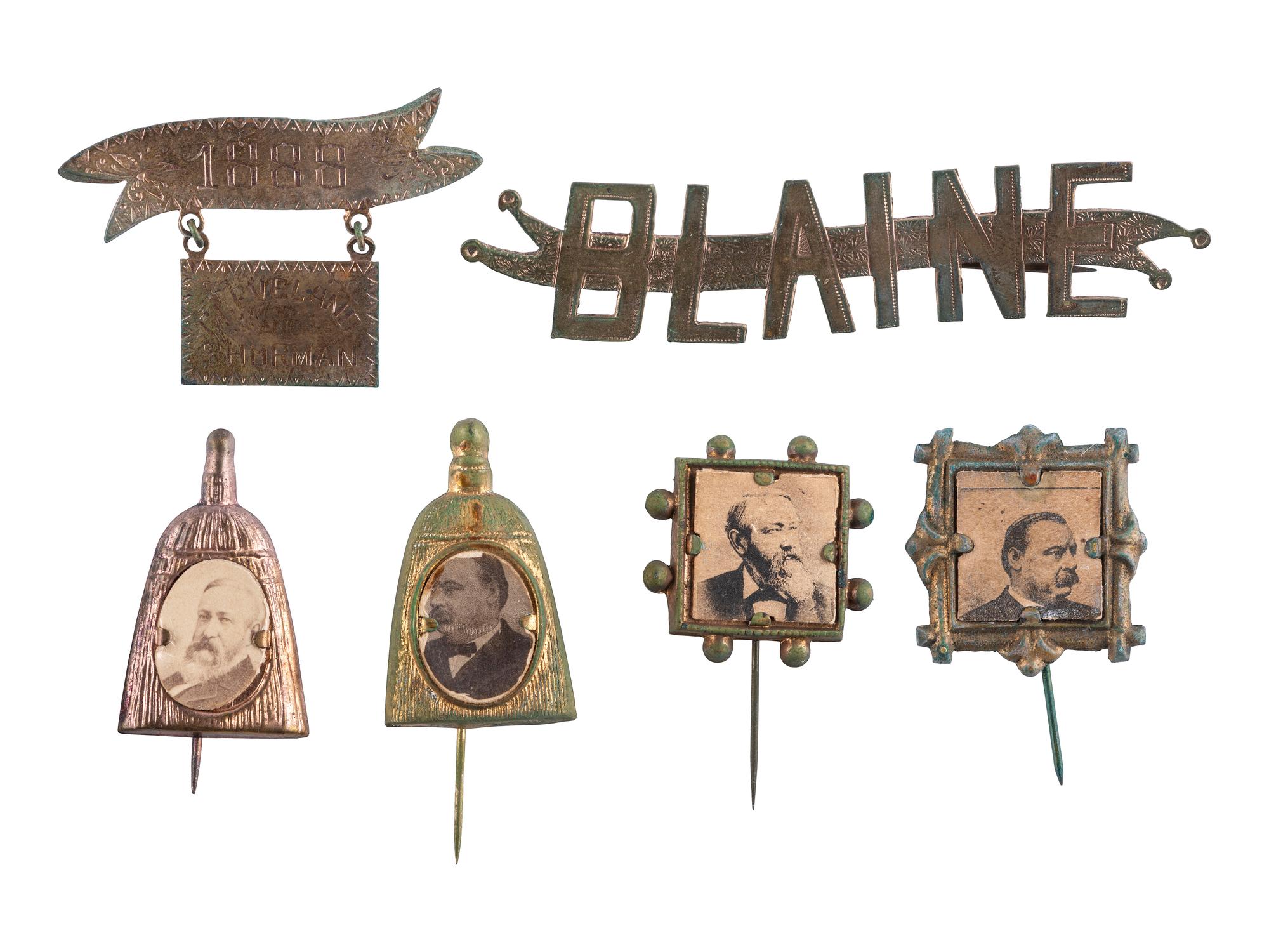[POLITICS]. A group of 6 pinbacks and badges promoting Benjamin Harrison, Grover Cleveland, and James G. Blaine, comprising: