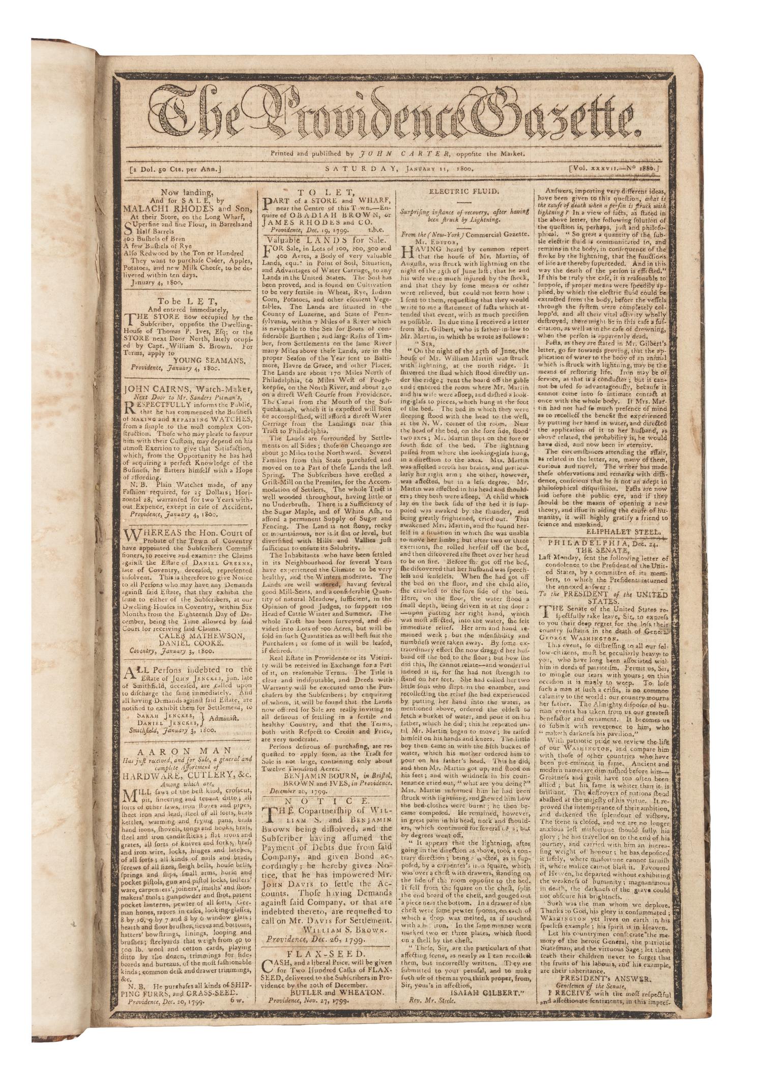 [NEWSPAPERS] The Providence Gazette. Volumes XXXVII-XXXVIII, Nos. 1879-1982. Providence, RI: John Carter, 1800-1801.