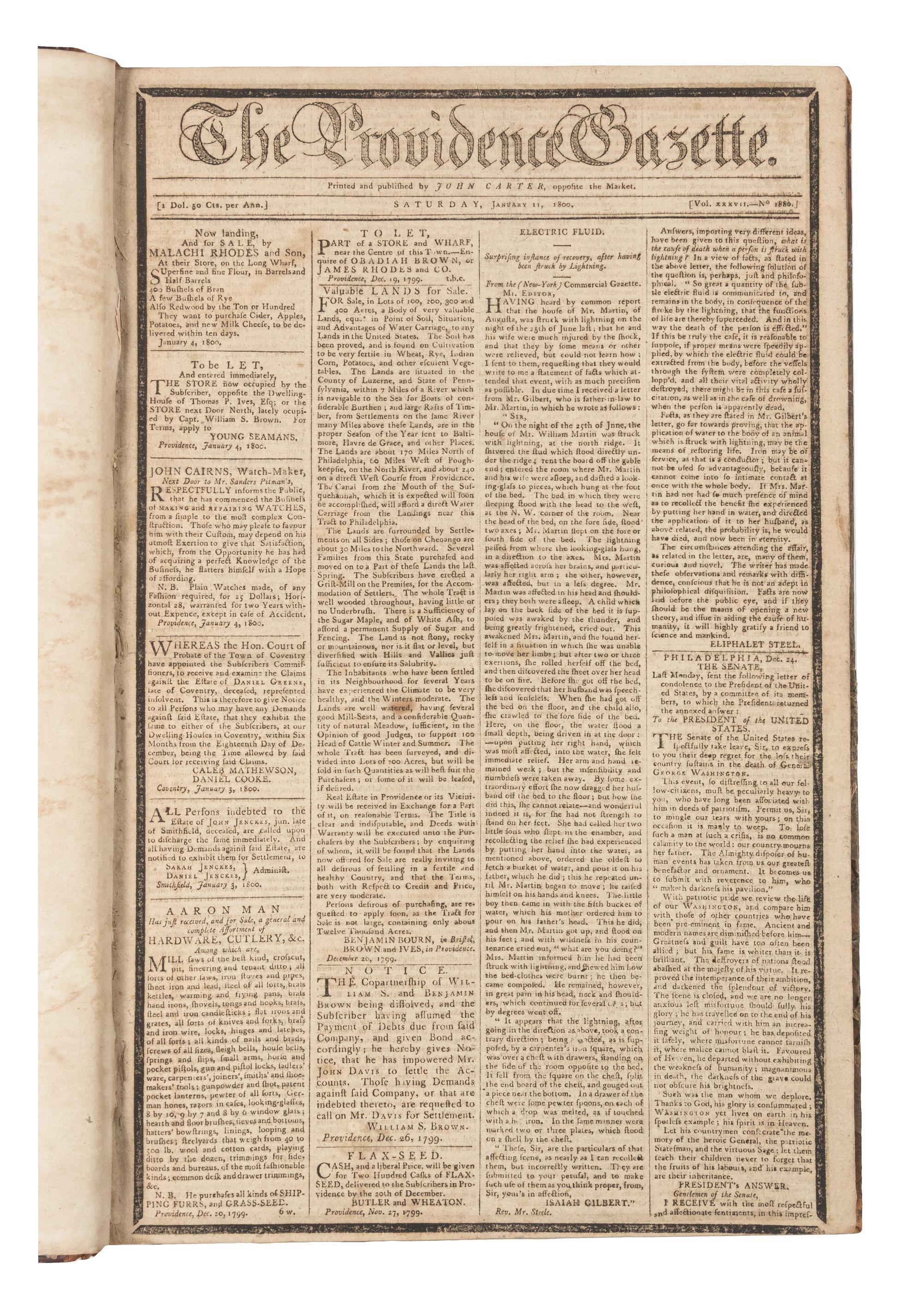 [NEWSPAPERS] The Providence Gazette. Volumes XXXVII-XXXVIII, Nos. 1879-1982. Providence, RI: John Carter, 1800-1801.