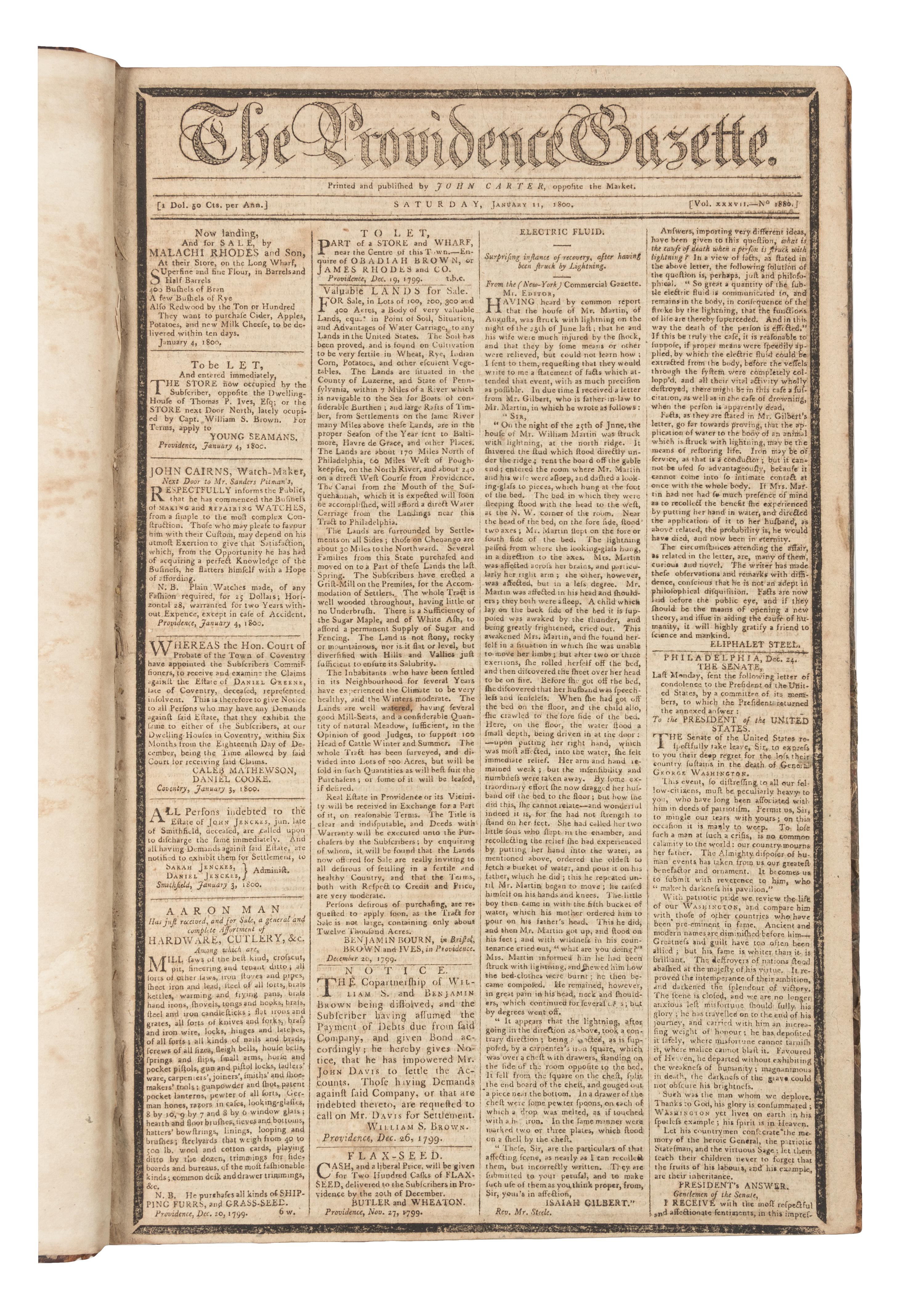 [NEWSPAPERS] The Providence Gazette. Volumes XXXVII-XXXVIII, Nos. 1879-1982. Providence, RI: John Carter, 1800-1801.