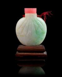 A Jadeite Snuff Bottle MID-LATE QING DYNASTY Height 2 5/8 inches (with stand). — LIKELY MID-LATE QING DYNASTY