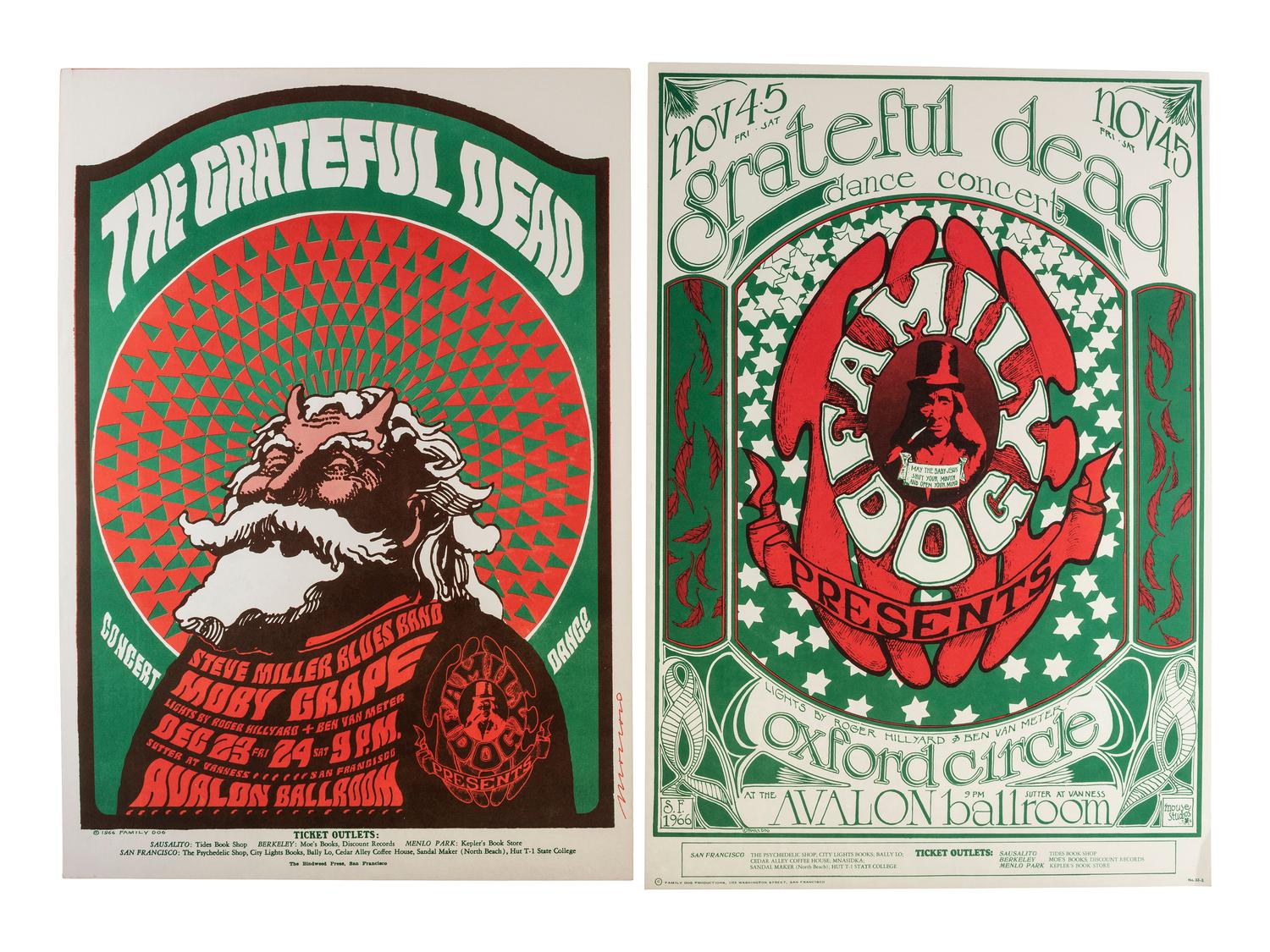[MUSIC] -- [POSTERS]. MOUSE, Stanley, and MOSCOSO, Victor, artists. A group of 2 Family Dog posters promoting 1966 shows featuring the Grateful Dead, comprising: