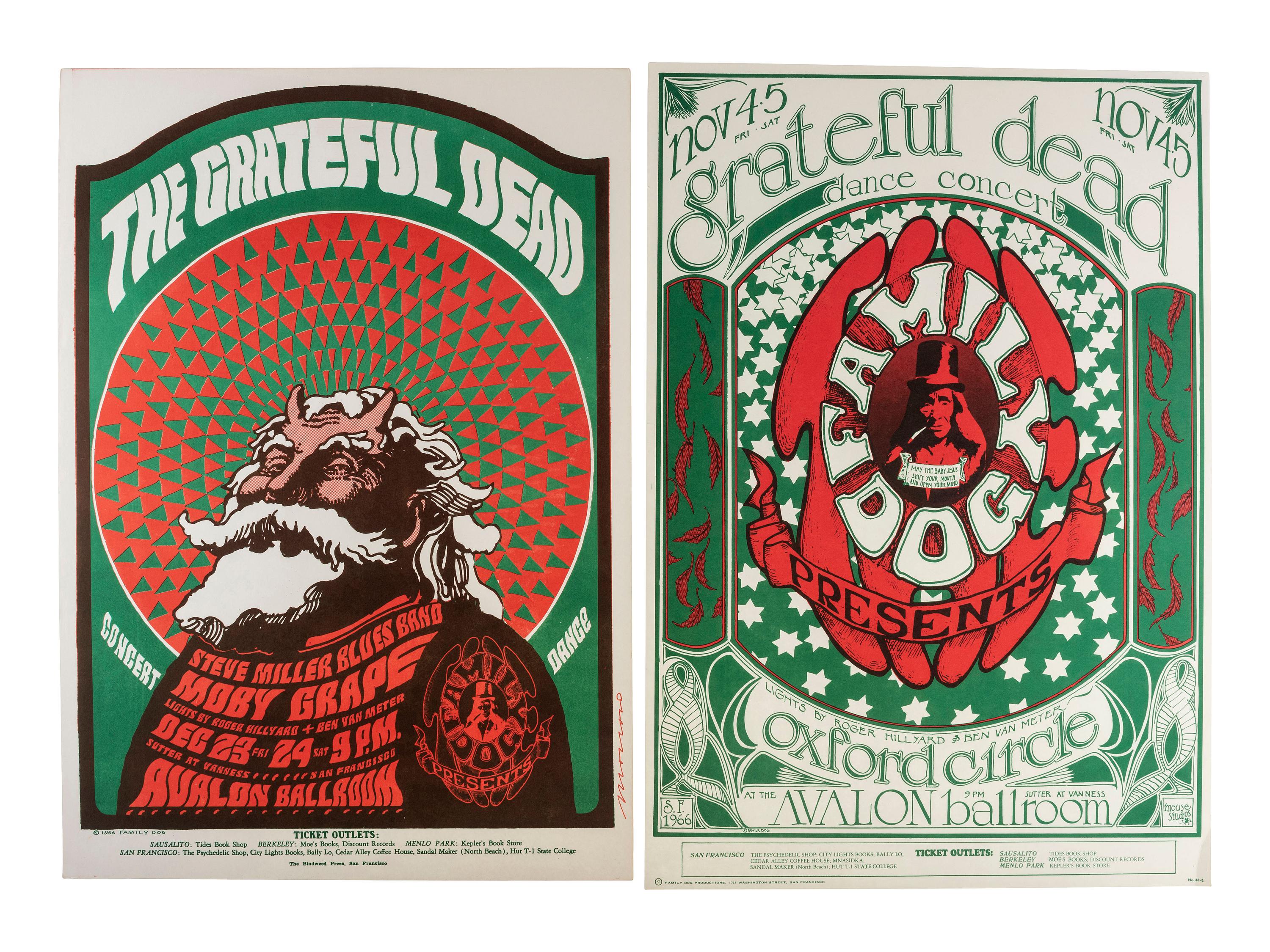 [MUSIC] -- [POSTERS]. MOUSE, Stanley, and MOSCOSO, Victor, artists. A group of 2 Family Dog posters promoting 1966 shows featuring the Grateful Dead, comprising:
