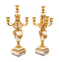 A Pair of Louis XVI Style Marble and Gilt Bronze Five-Light Candelabra
