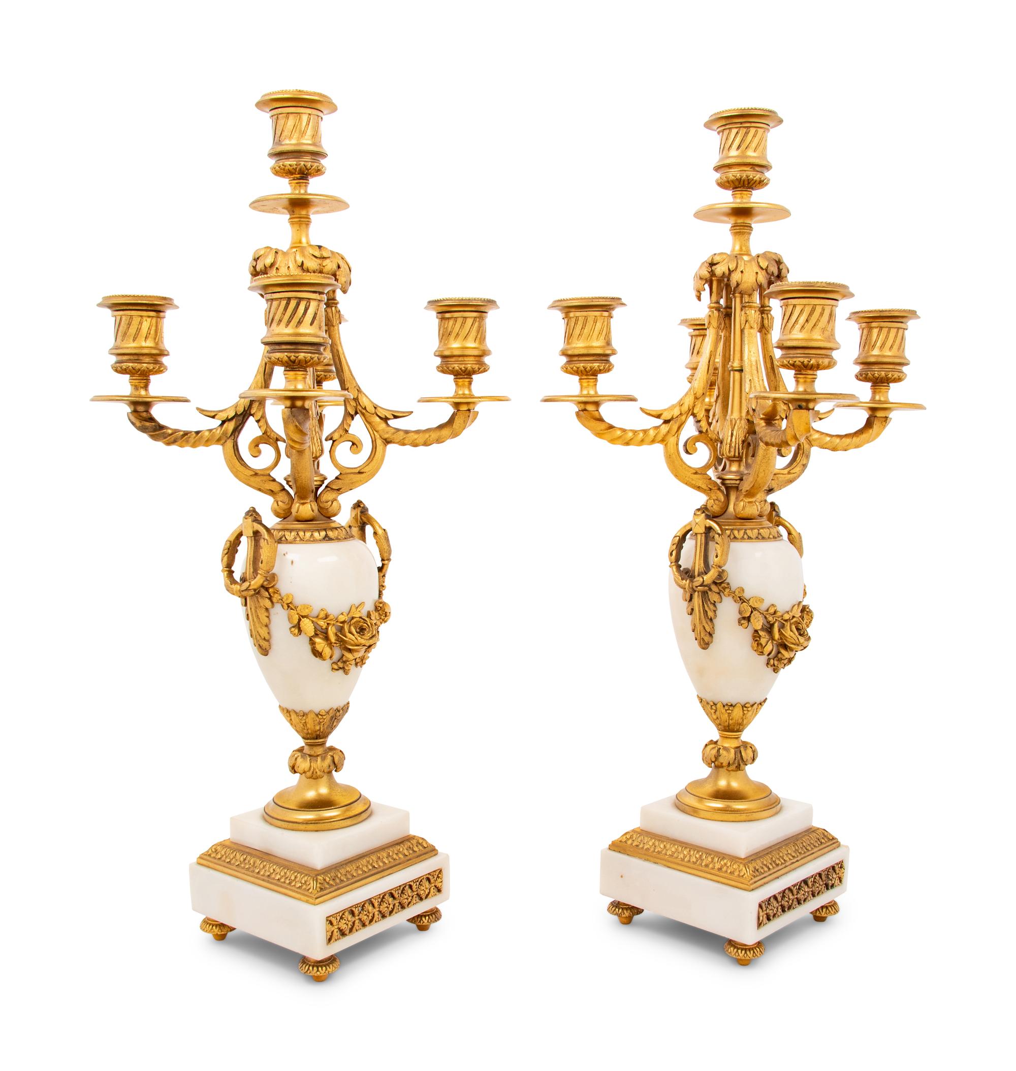 A Pair of Louis XVI Style Marble and Gilt Bronze Five-Light Candelabra