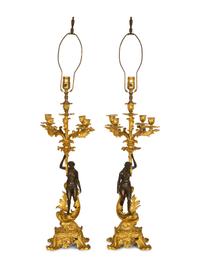 A Pair of Patinated and Gilt Bronze Figural Five-Light Candelabra Mounted as Lamps
