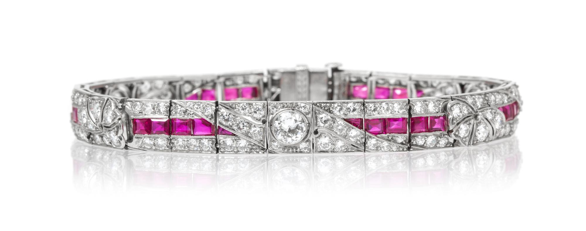 An Art Deco Platinum, Ruby and Diamond Bracelet, 16.10 dwts.