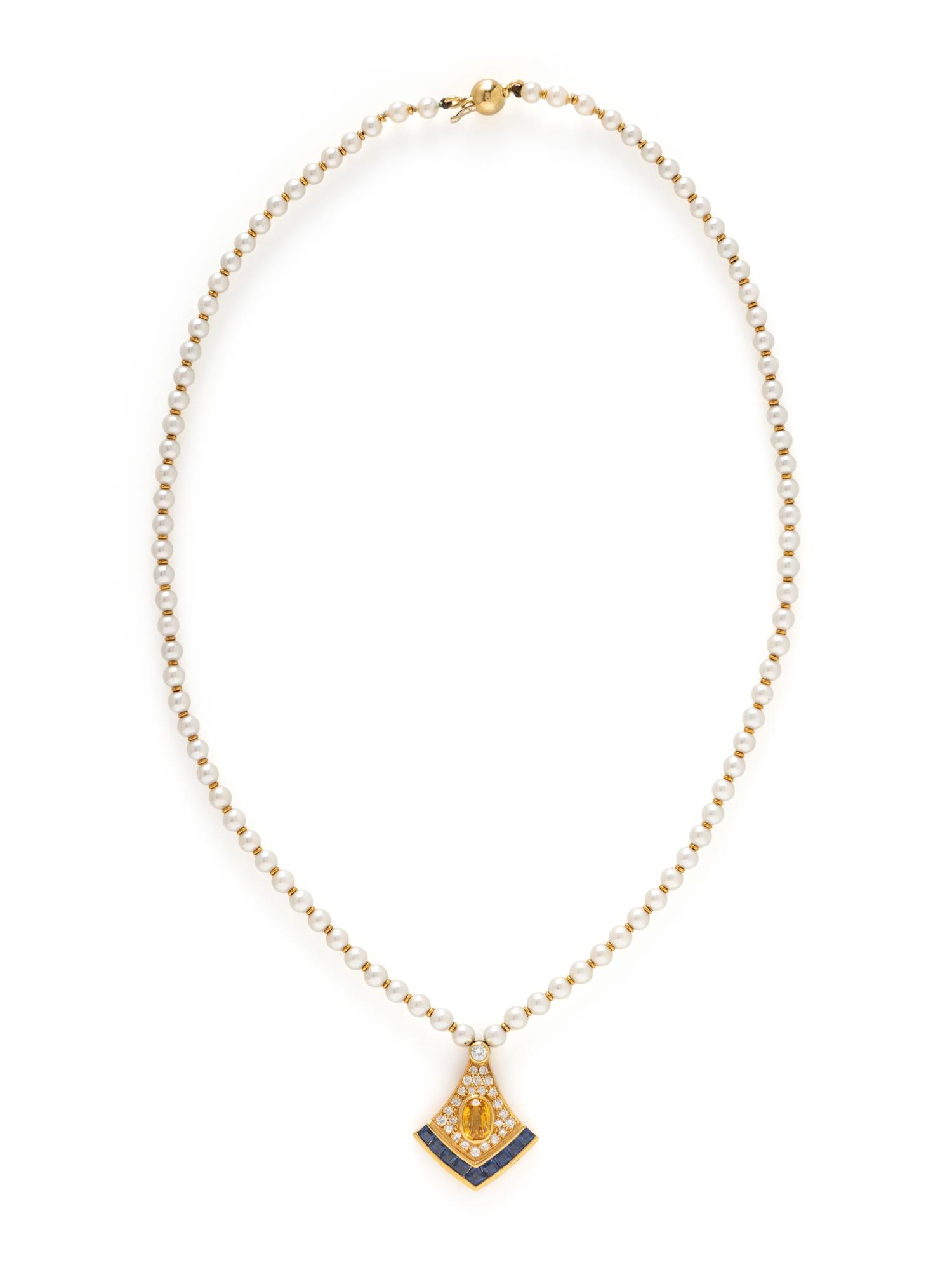 CULTURED PEARL, DIAMOND, YELLOW SAPPHIRE, AND SAPPHIRE NECKLACE