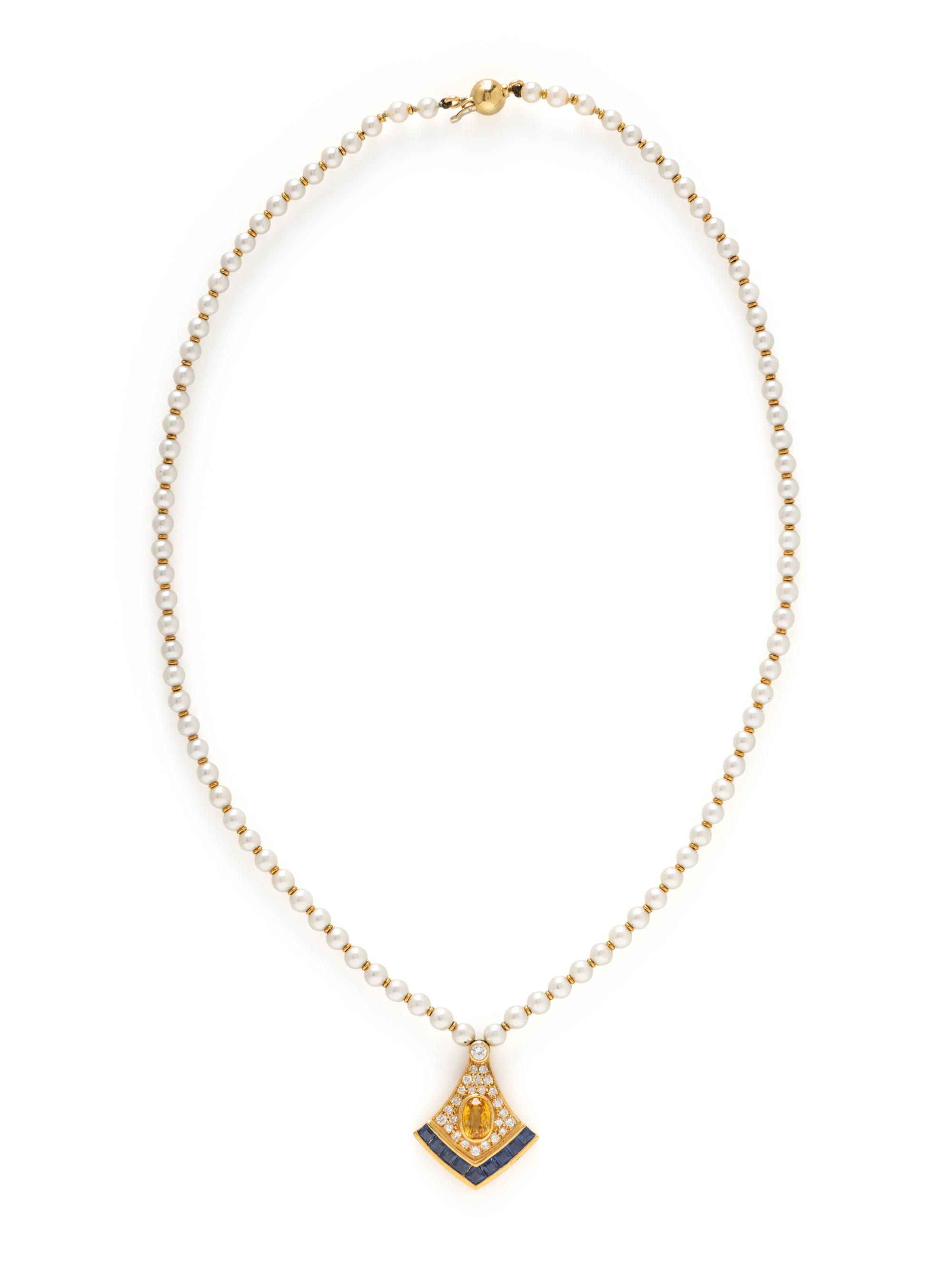 CULTURED PEARL, DIAMOND, YELLOW SAPPHIRE, AND SAPPHIRE NECKLACE
