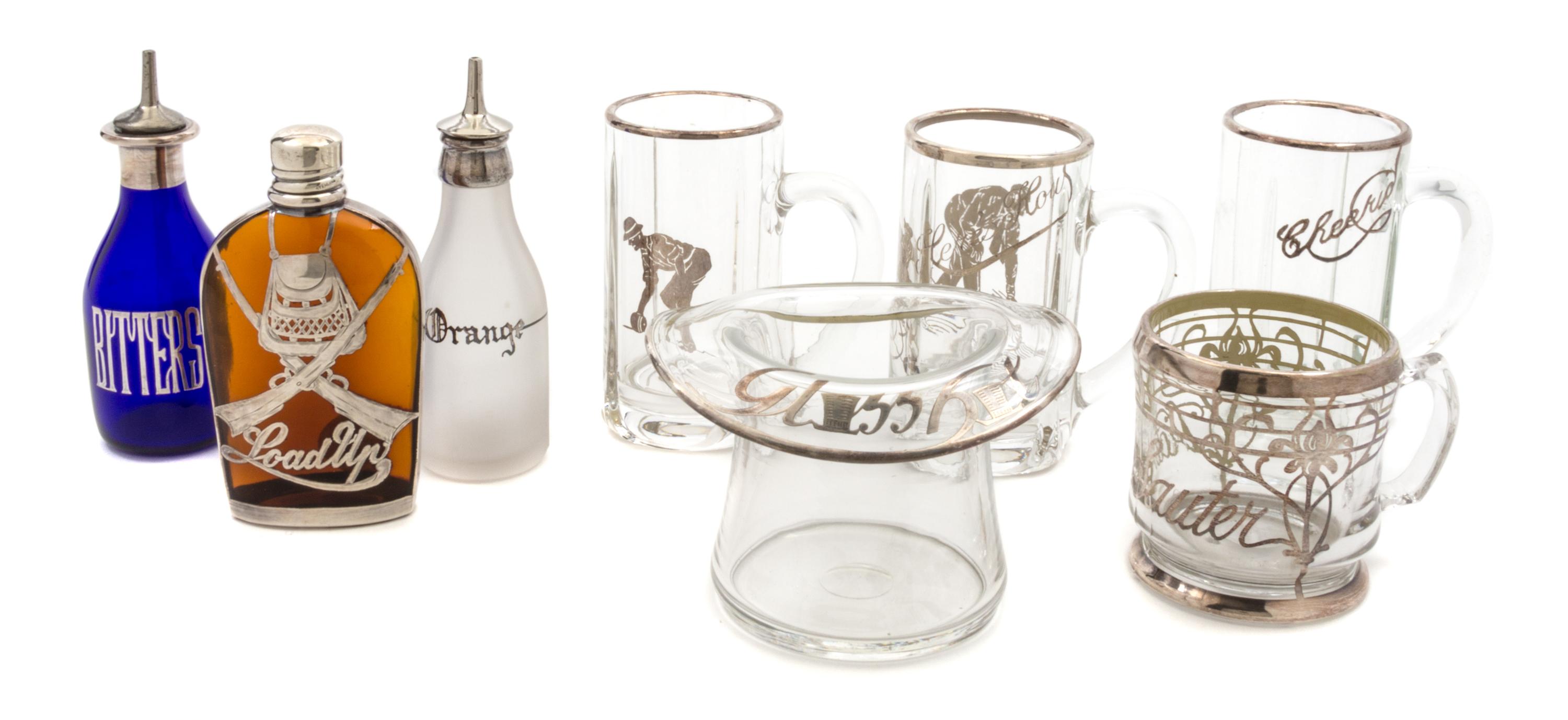 A Group of Eight Silver Overlay Glass Articles Height of tallest 6 3/8 inches.