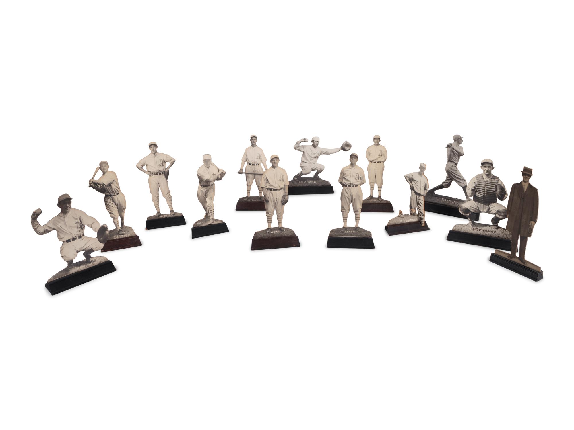 A Group of 13 Uncommon 1930 Philadelphia Athletics Baseball Wood Cut Stand Up Displays Including Jimmie Foxx and Mickey Cochrane,