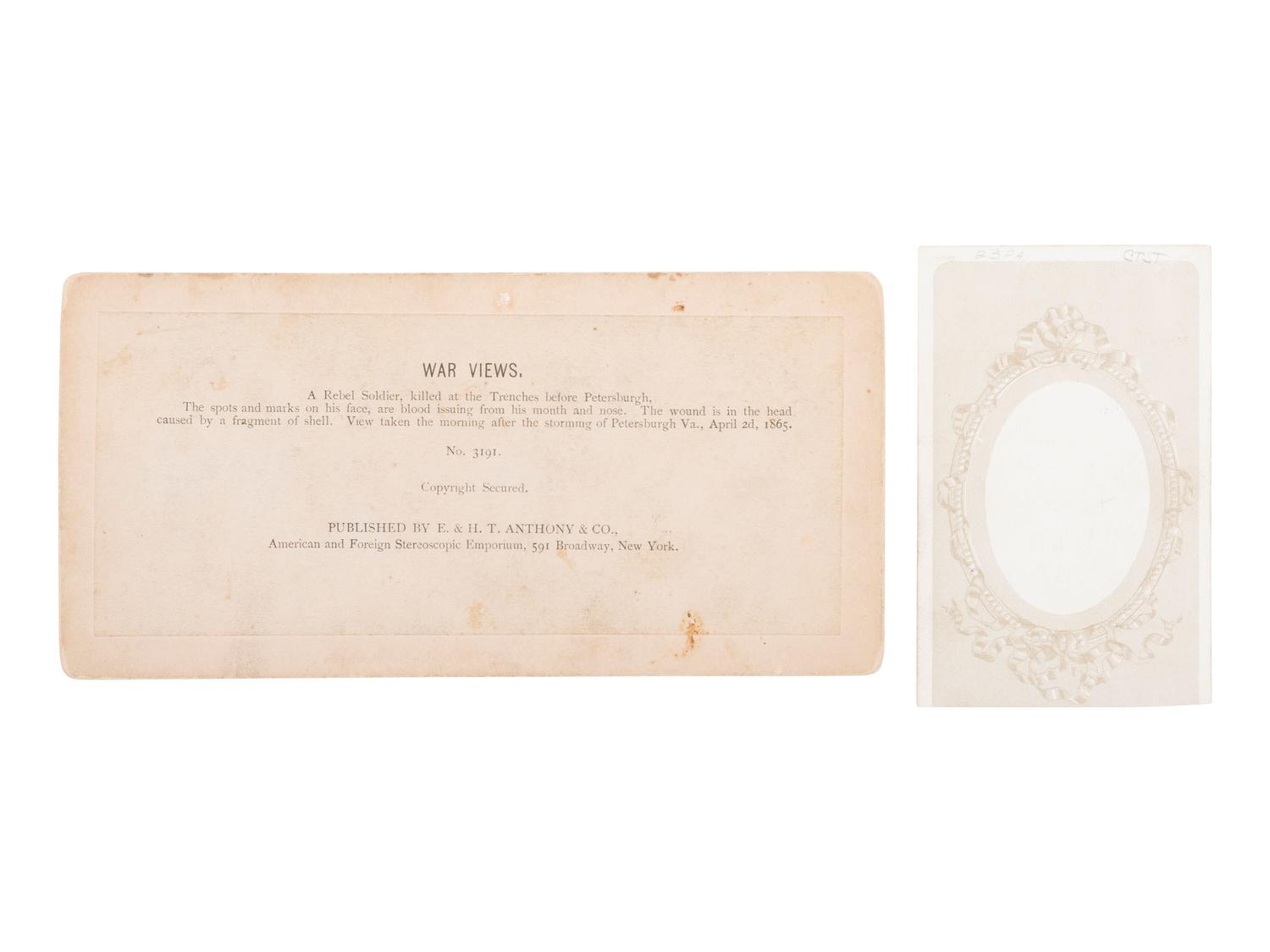 [CIVIL WAR]. Stereoview of a Rebel casualty and CDV of armed soldier, with additional photographs.