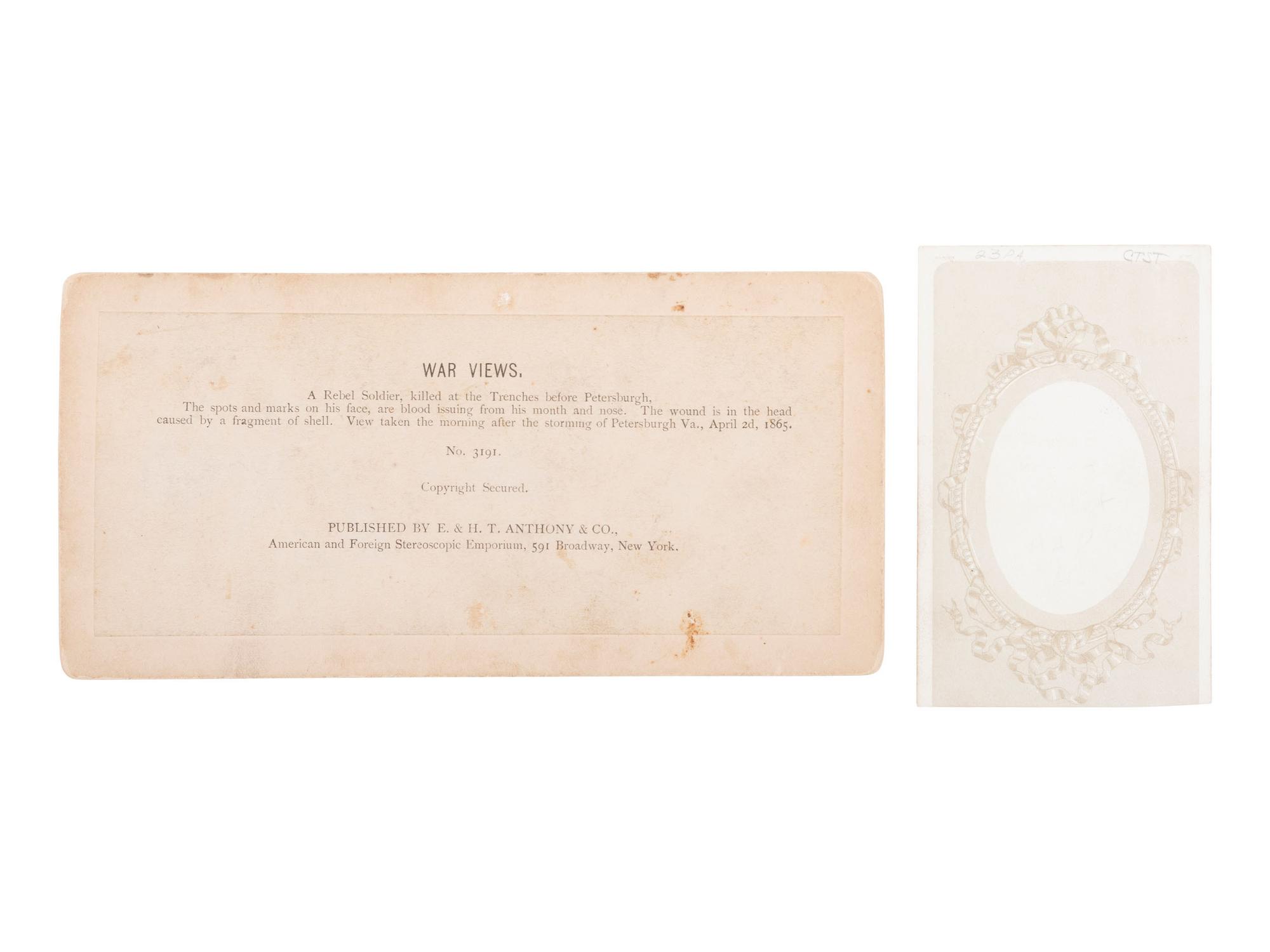 [CIVIL WAR]. Stereoview of a Rebel casualty and CDV of armed soldier, with additional photographs.