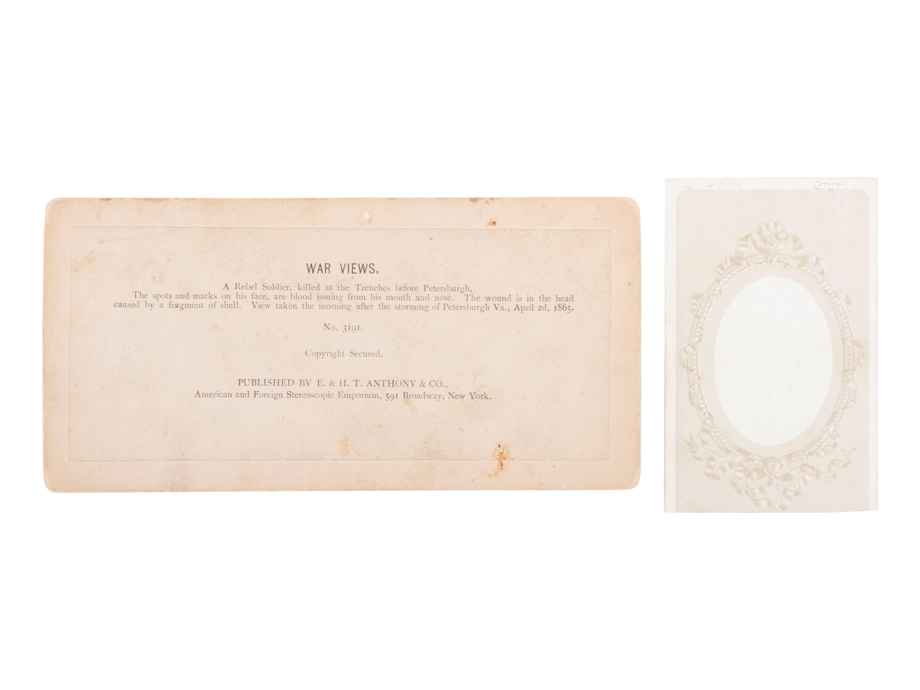 [CIVIL WAR]. Stereoview of a Rebel casualty and CDV of armed soldier, with additional photographs.