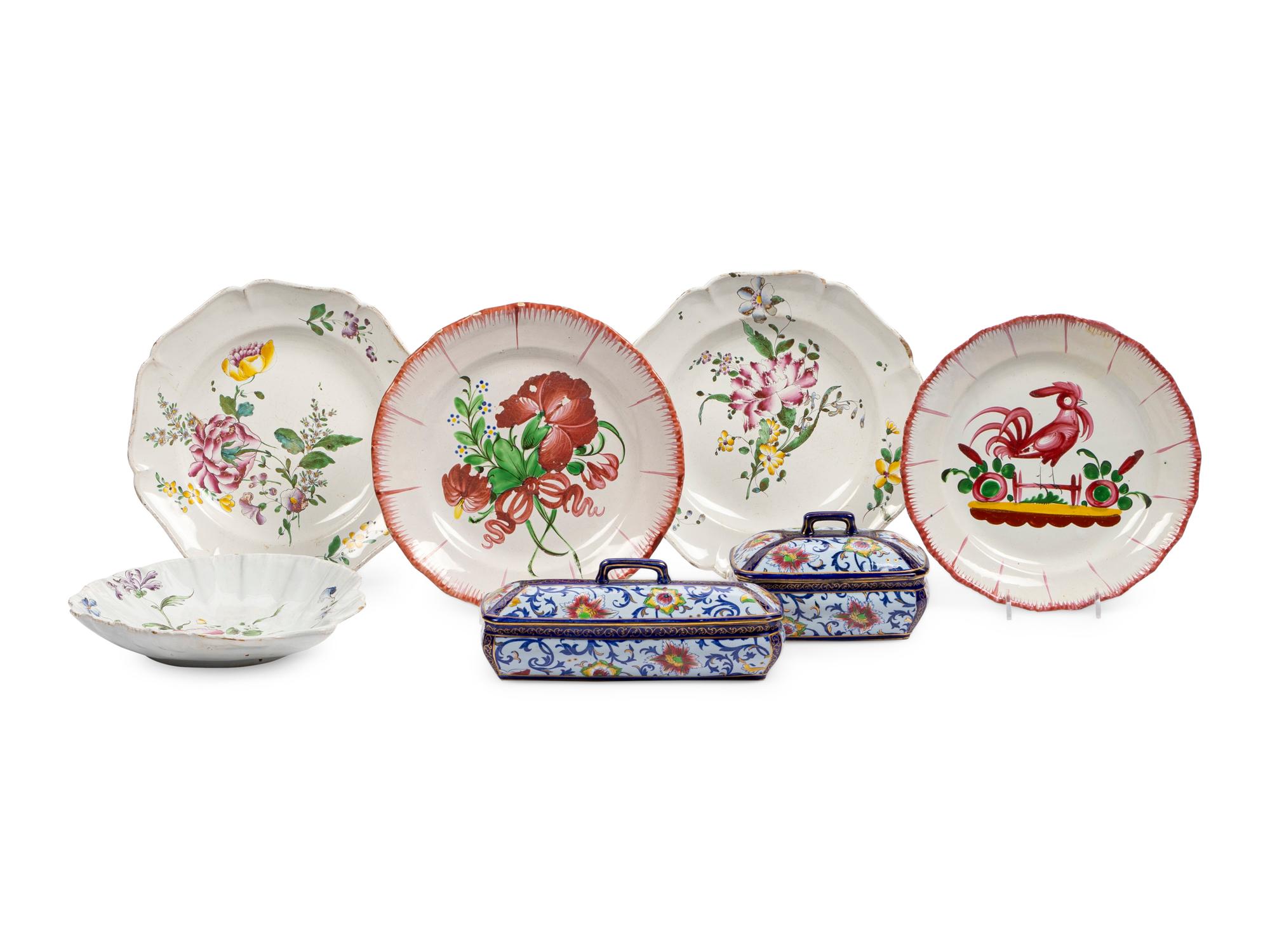 A Group of Seven French Faience Articles