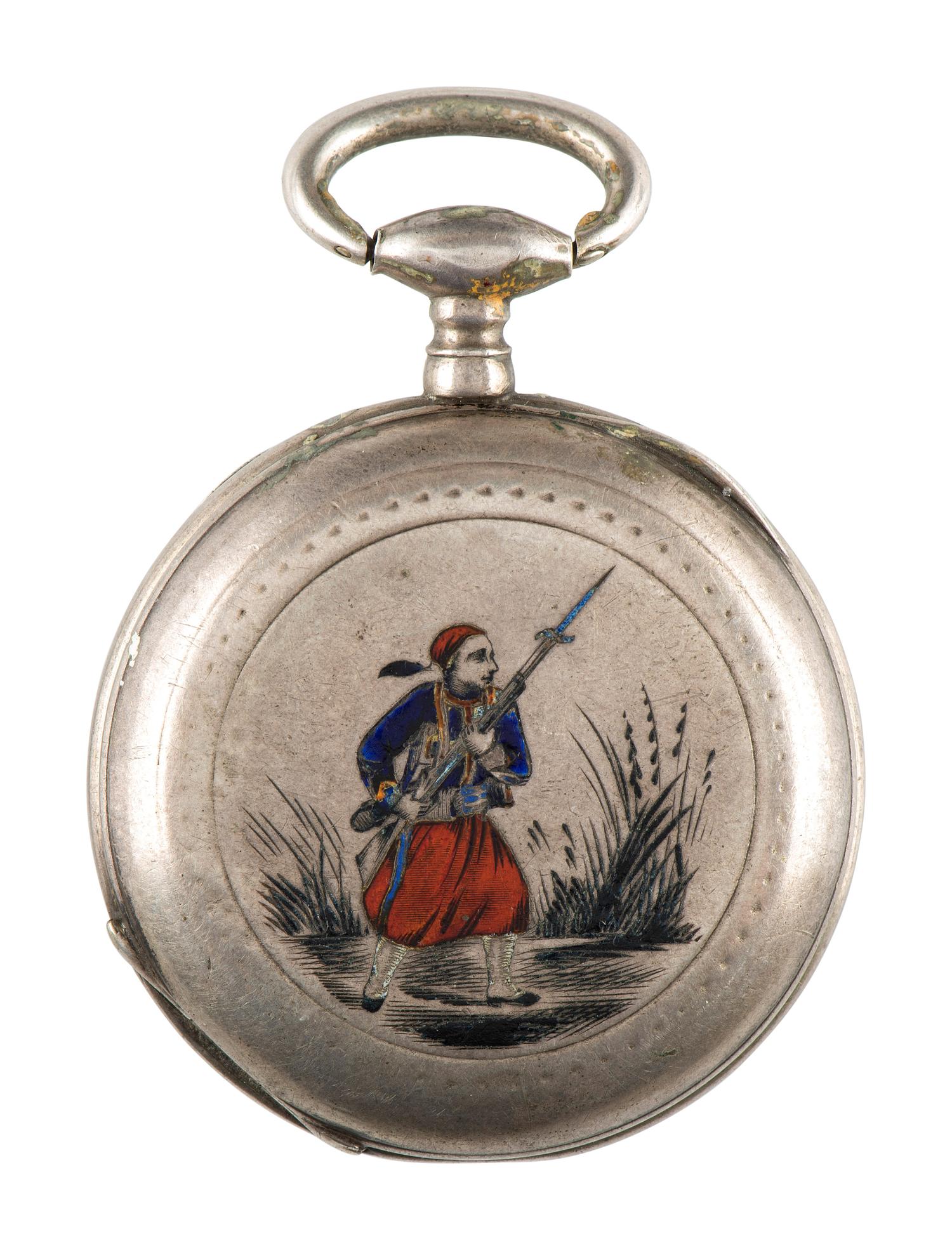 [CIVIL WAR]. Civil War-era pocket watch adorned with cloisonné Zouave. [Switzerland?]: Chambaudière à Preuilly, n.d.