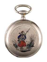[CIVIL WAR]. Civil War-era pocket watch adorned with cloisonné Zouave. [Switzerland?]: Chambaudière à Preuilly, n.d.