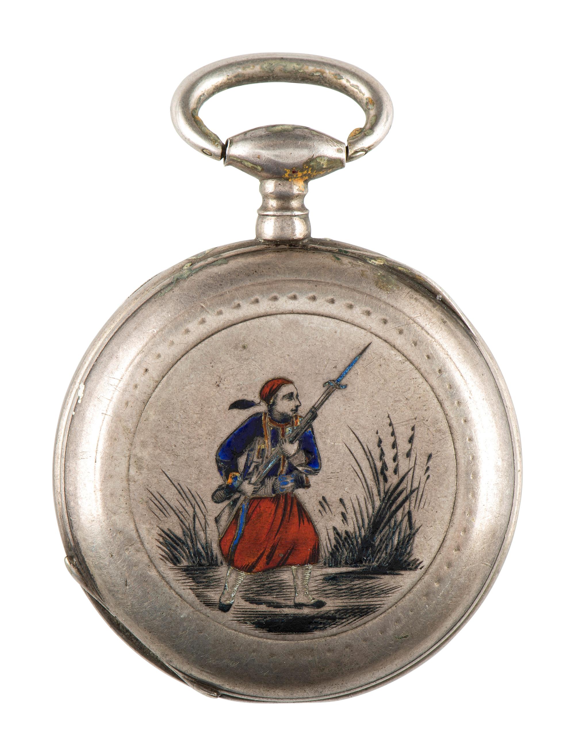 [CIVIL WAR]. Civil War-era pocket watch adorned with cloisonné Zouave. [Switzerland?]: Chambaudière à Preuilly, n.d.