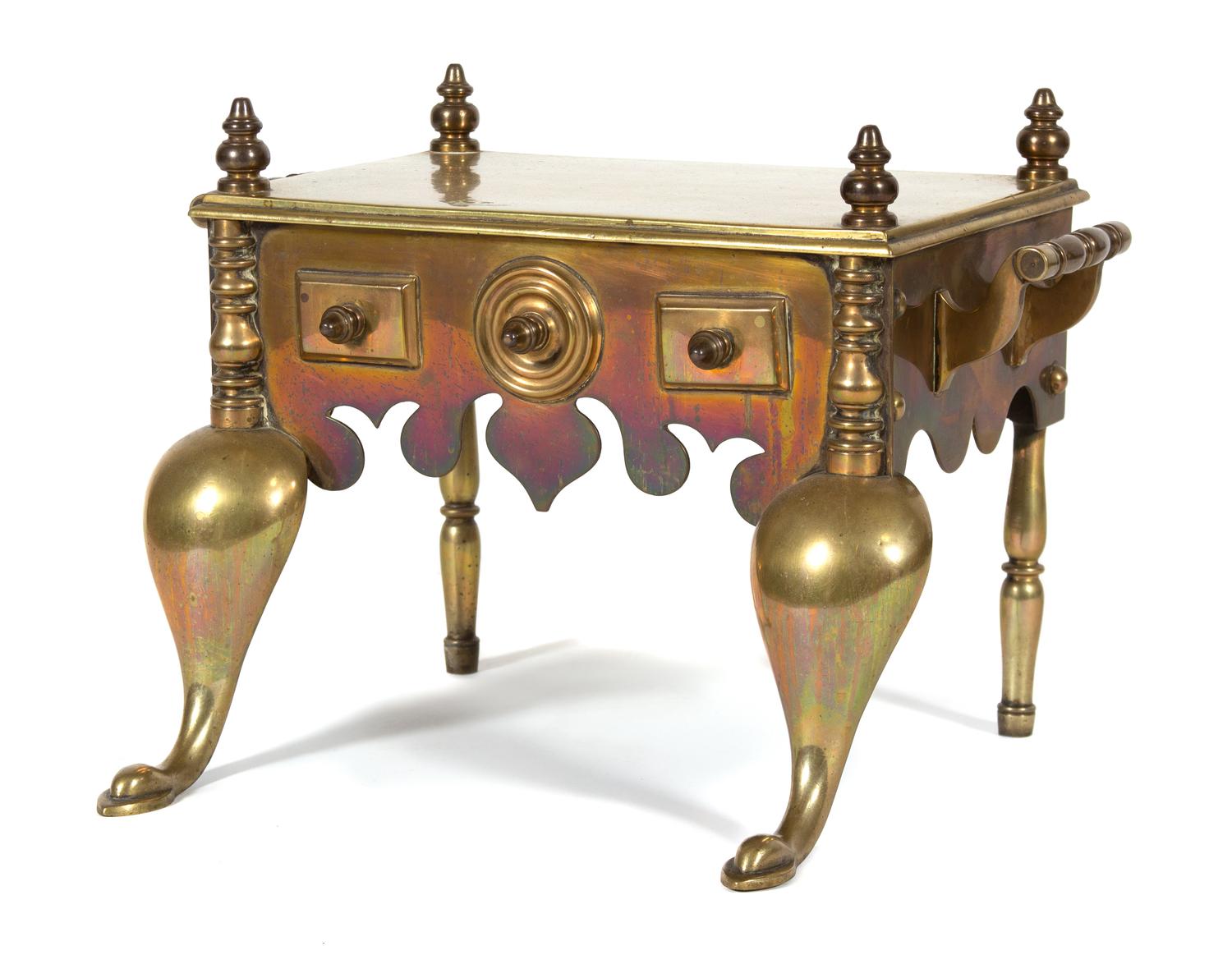 A Georgian Style Brass Kettle Stand Height 15 1/4 x width 19 1/2 x depth 16 inches. — 19TH CENTURY