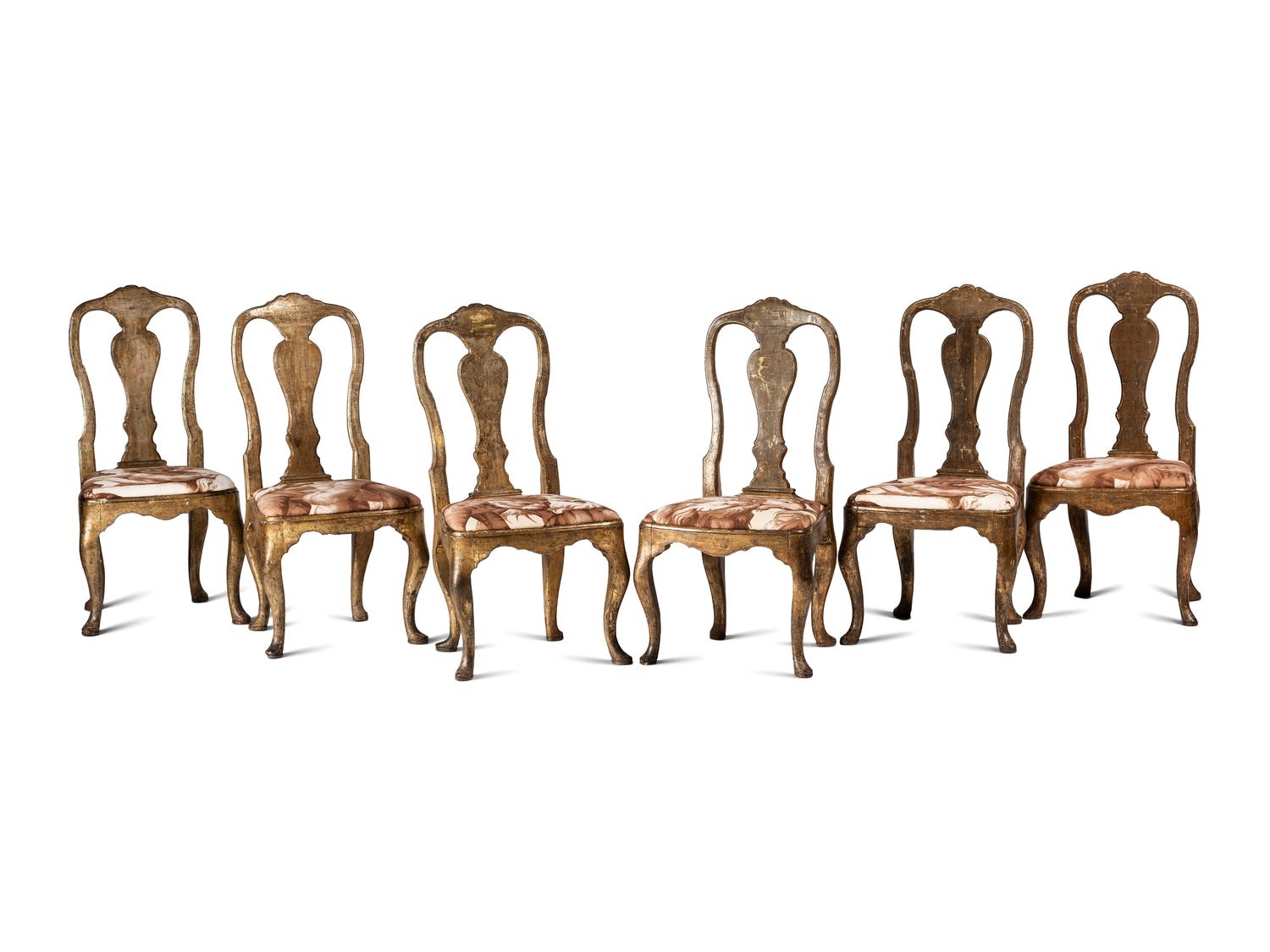 Six Italian Rococo Style Parcel Gilt and Painted Side Chairs