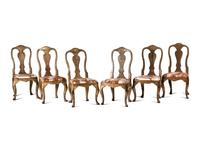 Six Italian Rococo Style Parcel Gilt and Painted Side Chairs