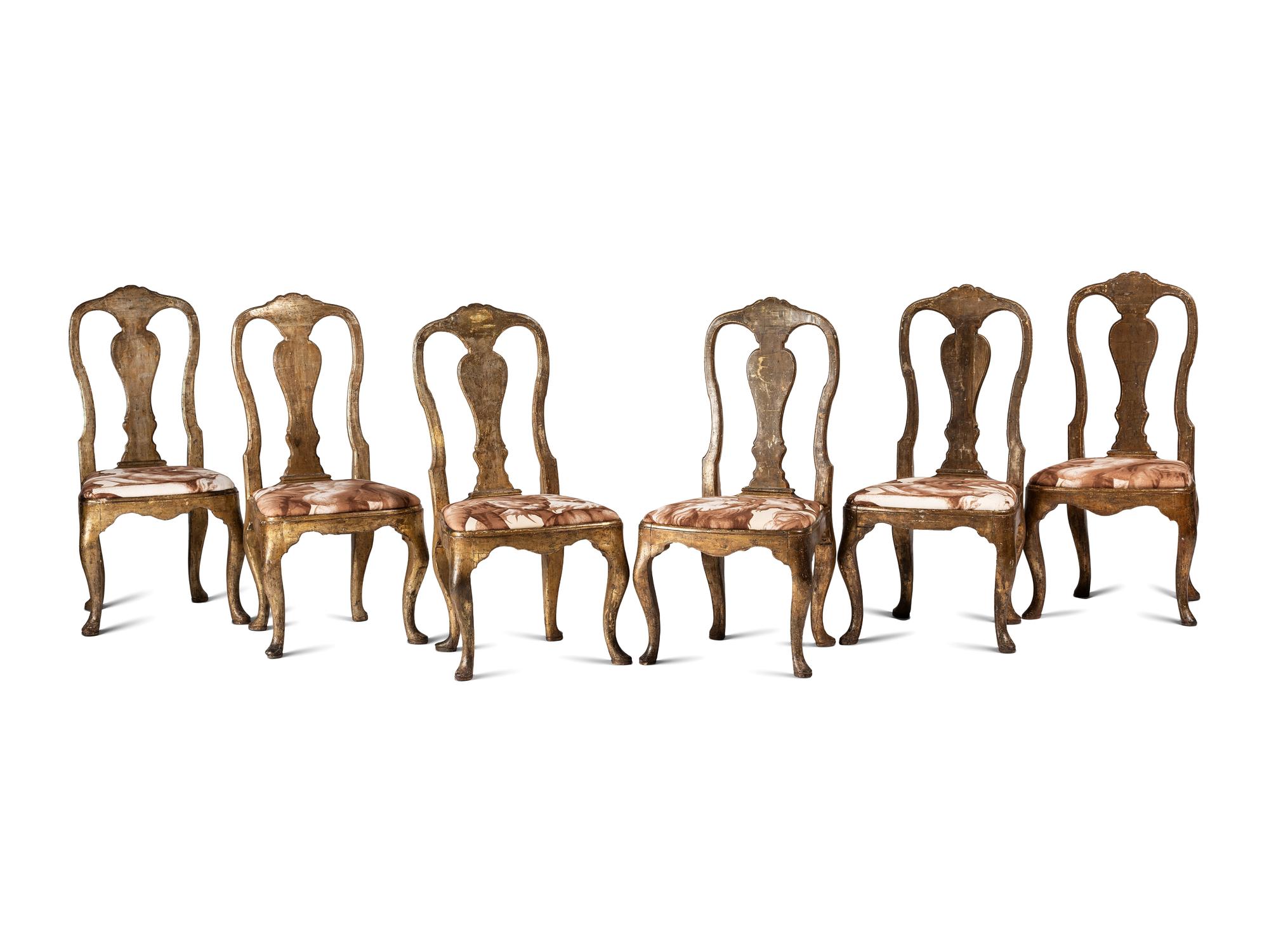 Six Italian Rococo Style Parcel Gilt and Painted Side Chairs