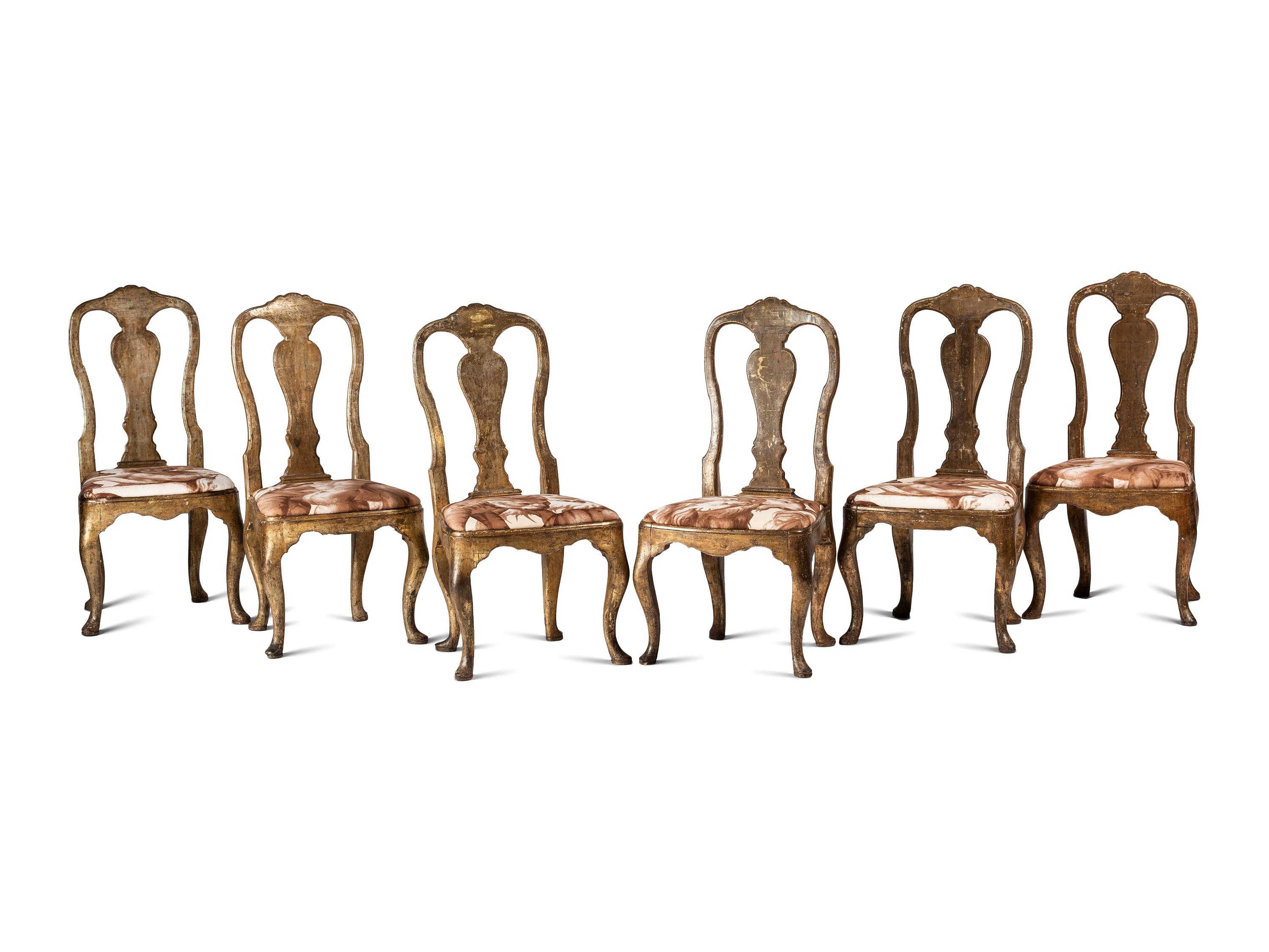 Six Italian Rococo Style Parcel Gilt and Painted Side Chairs