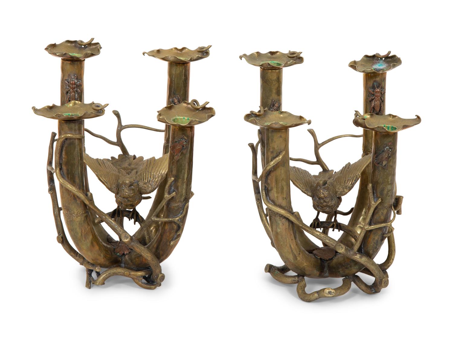 A Pair of Cast Brass Four-Light Candelabra with Birds and Insects