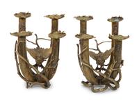 A Pair of Cast Brass Four-Light Candelabra with Birds and Insects