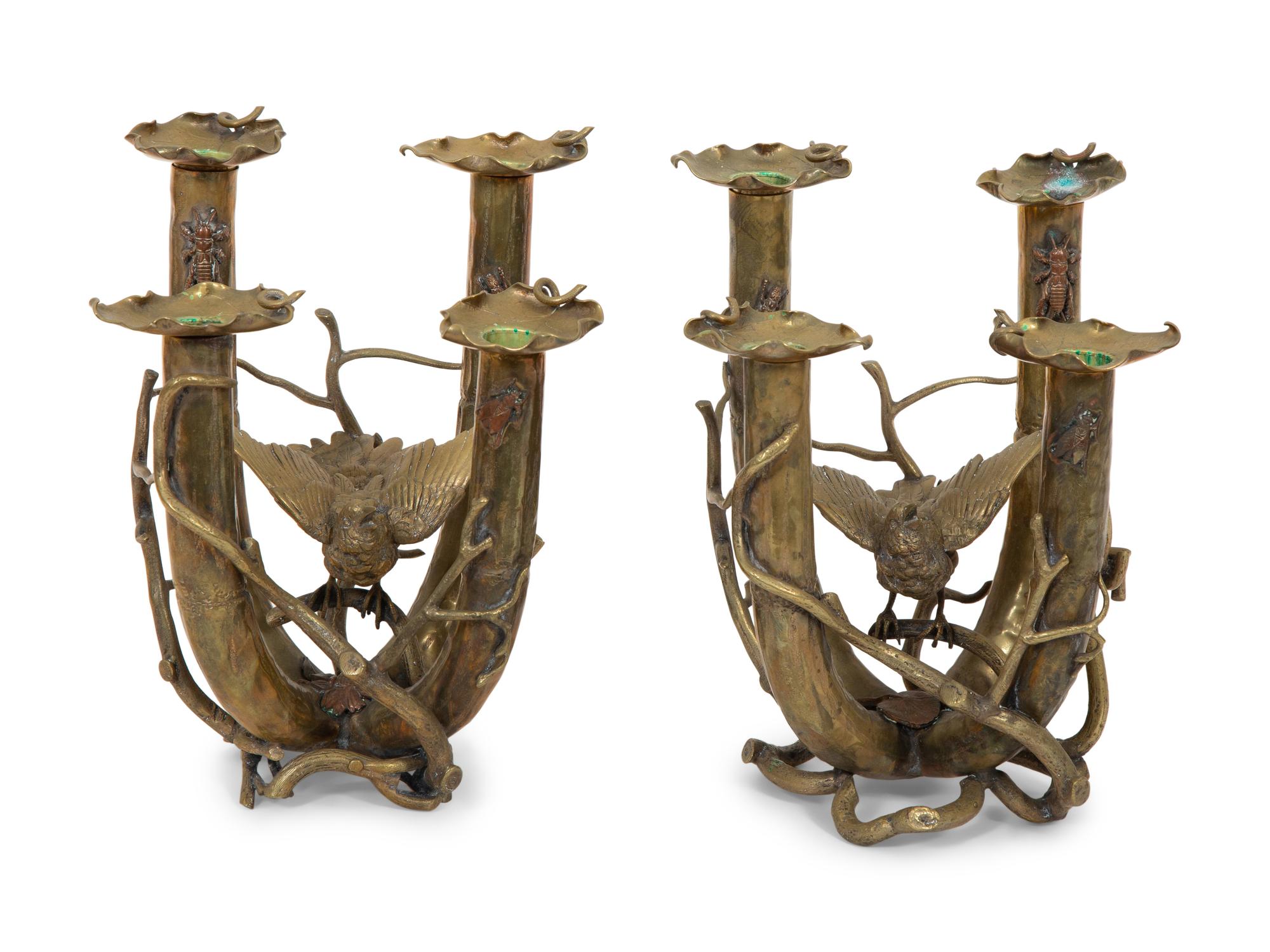 A Pair of Cast Brass Four-Light Candelabra with Birds and Insects