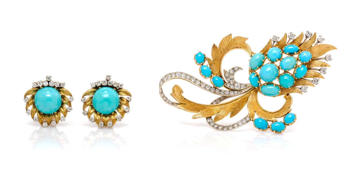 A Two Tone Gold, Turquoise and Diamond Demi Parure, 27.00 dwts.
