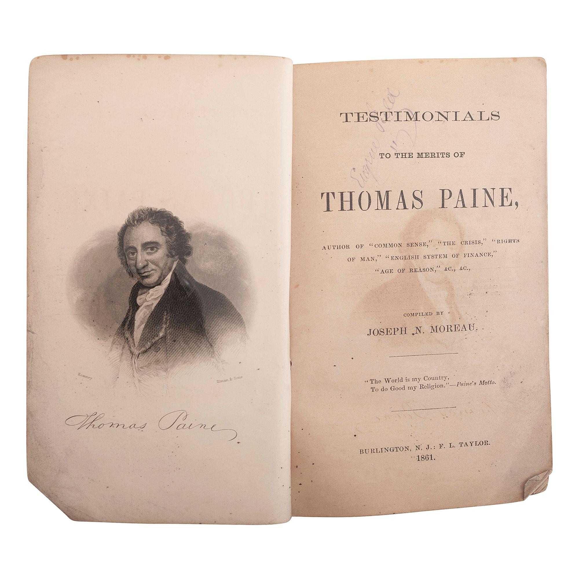 [FIELD II, Eugene, his copy]. MOREAU, Joseph N. Testimonials to the Merits of Thomas Paine. Burlington, NJ: F.L. Taylor, 1861.