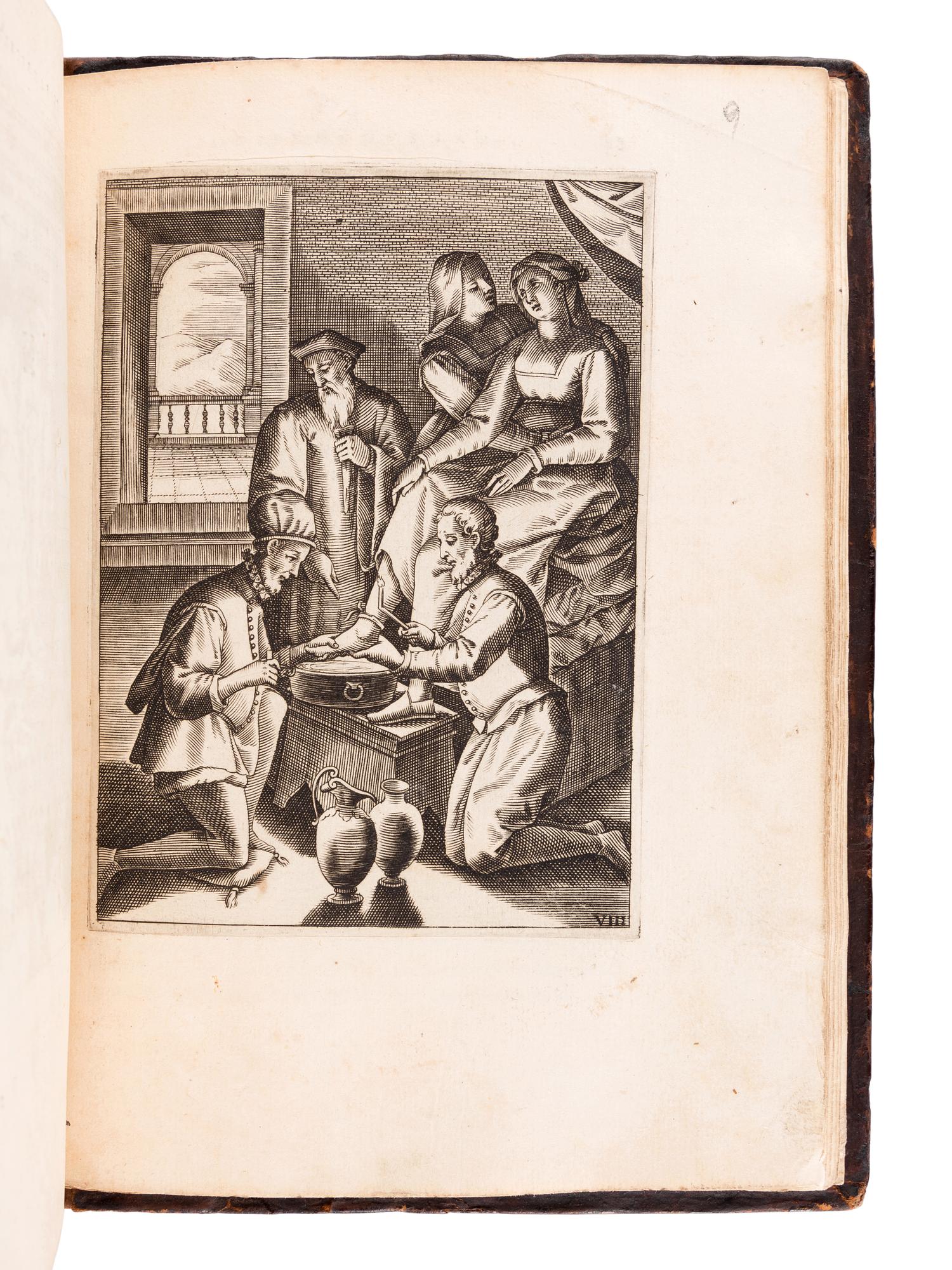 MAGNI, Pietro Paolo (b. 1525). Discorsi intorno al sanguinar i corpi humani il modo di ataccare le sanguisuche e ventose a far frittioni e vesicatorii . Rome: Bartolomeo Bonfadion e Tito Diani, 1584.