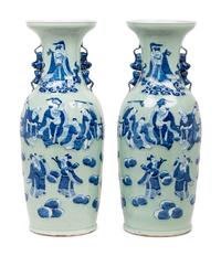 A Pair of Celadon Ground Underglaze Blue Porcelain 'Eight Immortals' Baluster Vases
