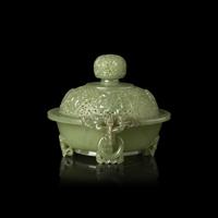 A Chinese Reticulated Celadon Jade Covered Incense Burner 碧玉透雕雙龍耳活環三足香爐