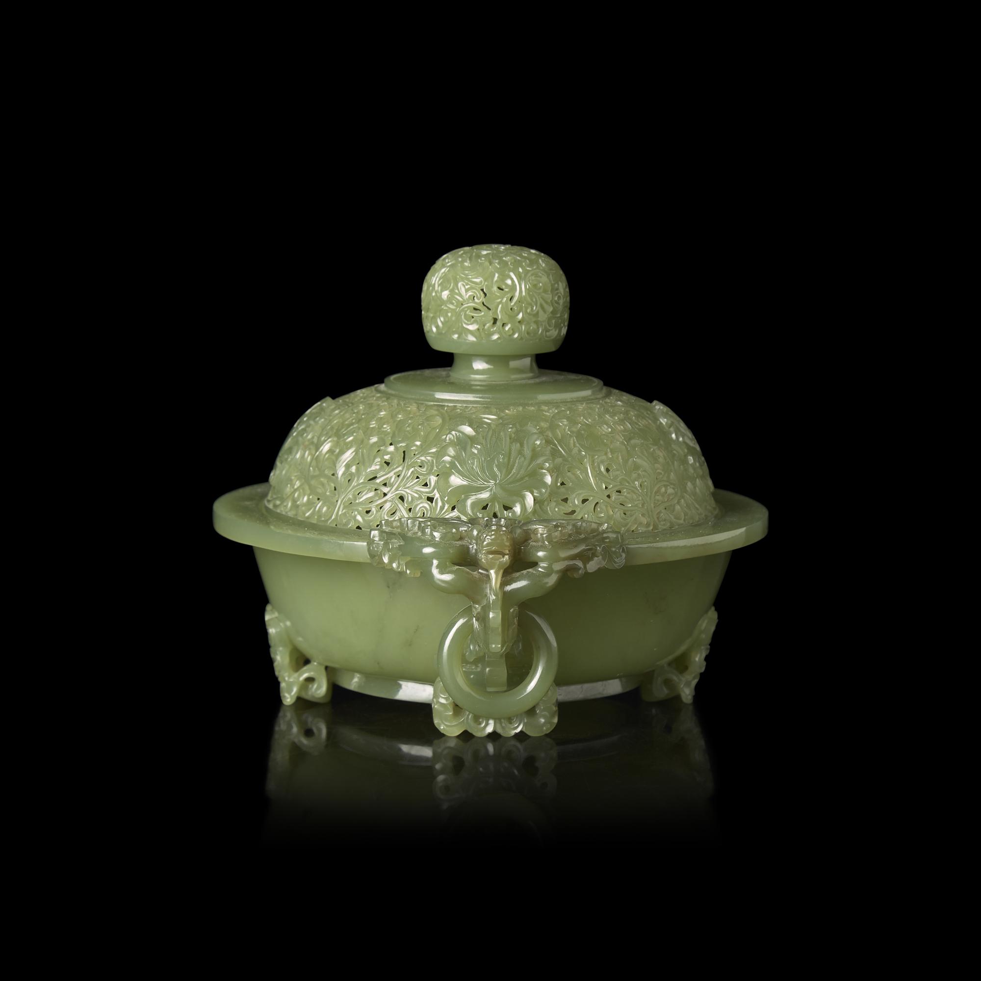 A Chinese Reticulated Celadon Jade Covered Incense Burner 碧玉透雕雙龍耳活環三足香爐