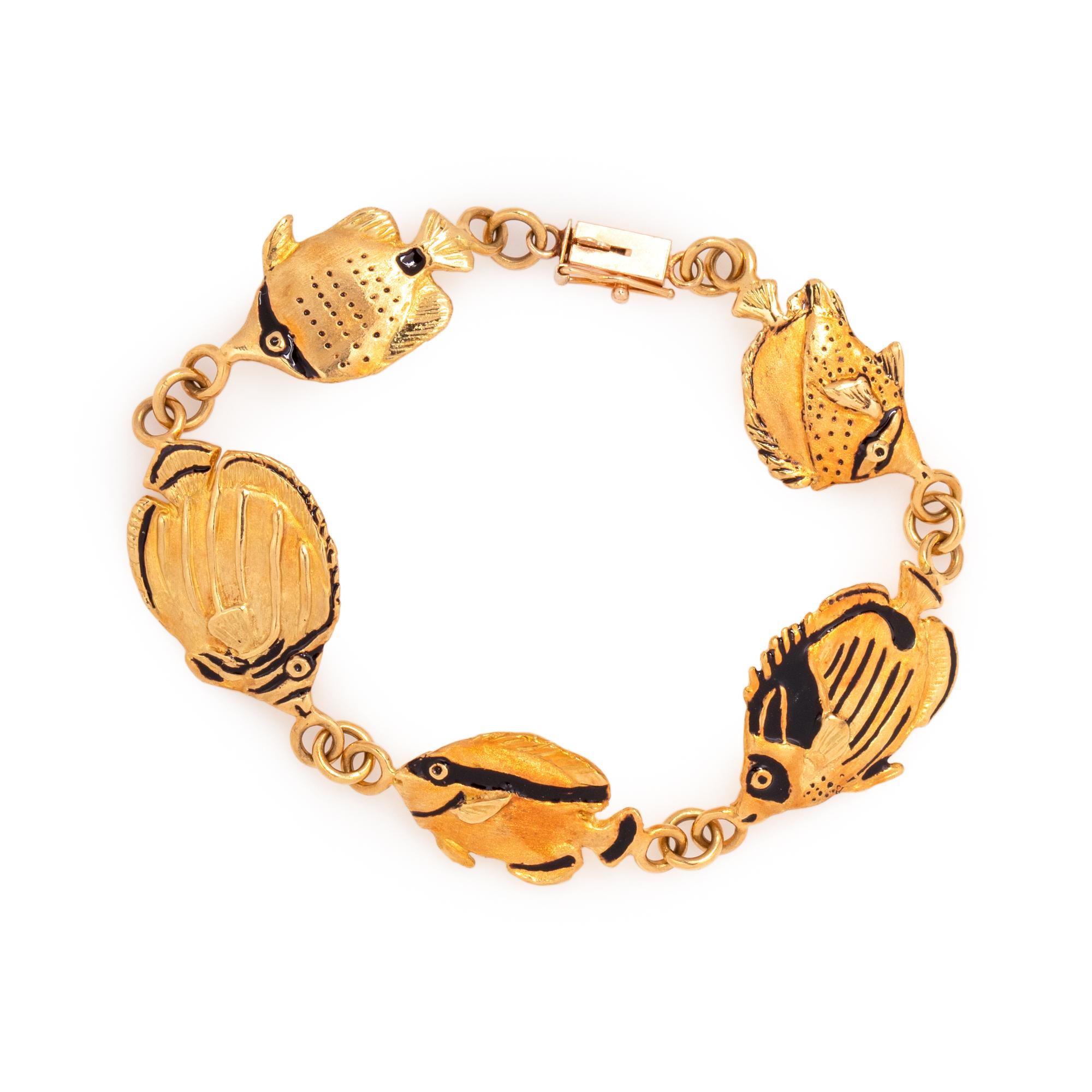 GAYLE BRIGHT, YELLOW GOLD AND ENAMEL FISH BRACELET