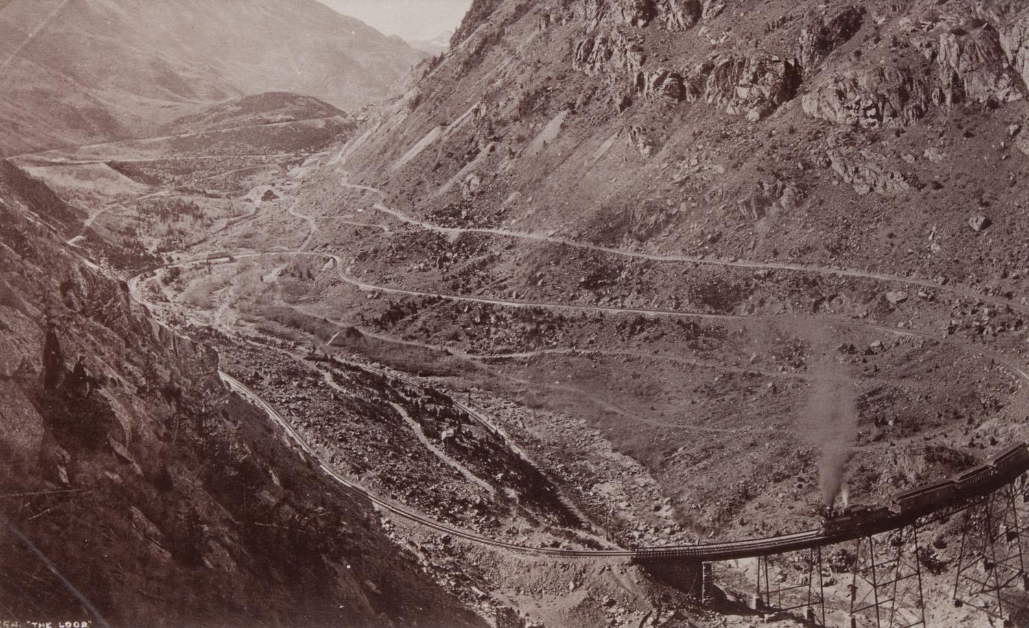 A group of five photographs (854. The Loop; 699. A Glimpse of Pikes Peak. Briarhurst; 1007. Marshall Pass; 3232. Summit of Fremont Pass, 11540 ft.; Untitled (Crossing over a pass))