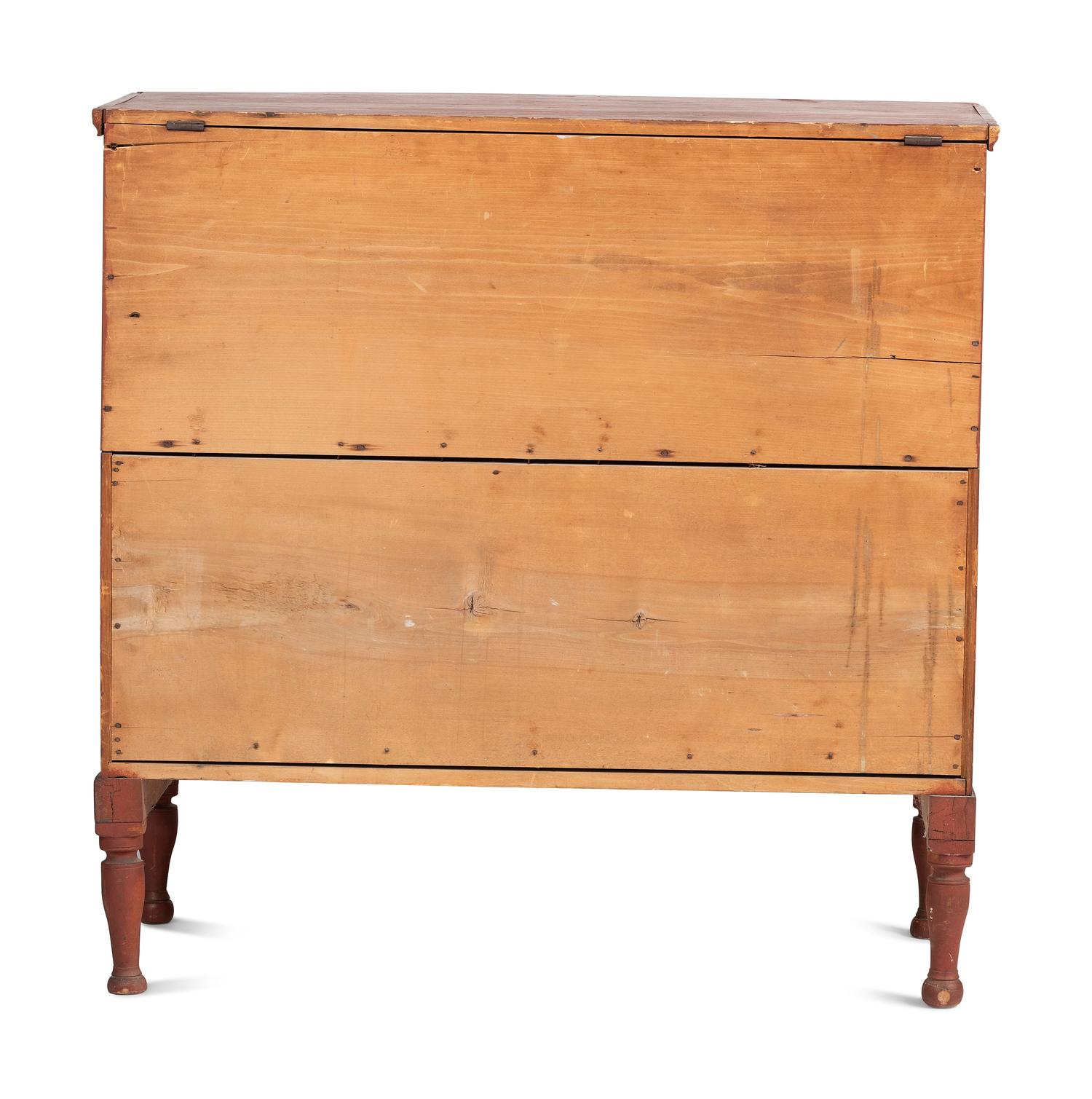 A Country Federal Red Painted Pine and Maple Two-Drawer Blanket Chest