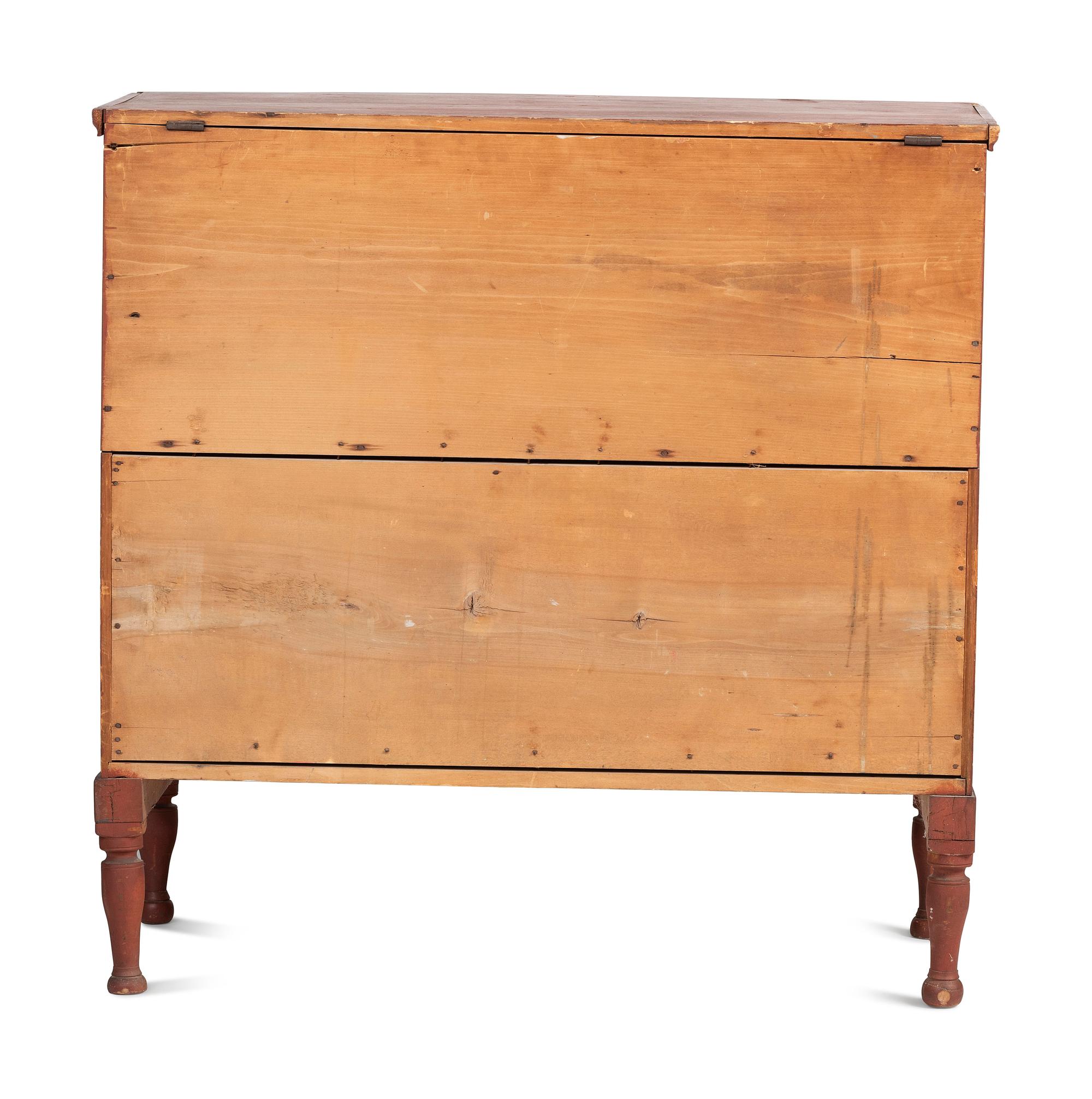 A Country Federal Red Painted Pine and Maple Two-Drawer Blanket Chest